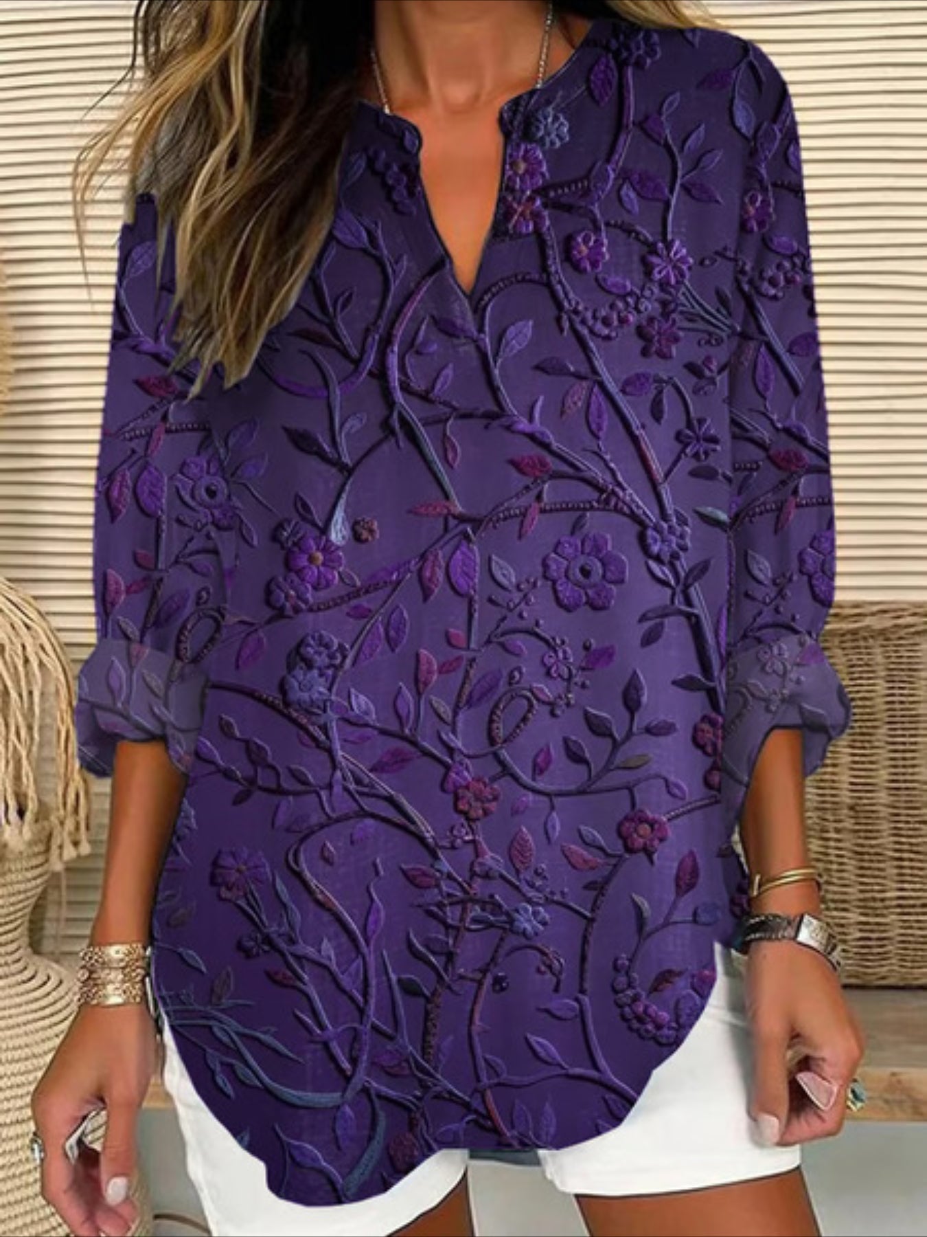 Abstract Long Sleeve Blouse Spring/Fall Printing V Neck Daily Casual Top