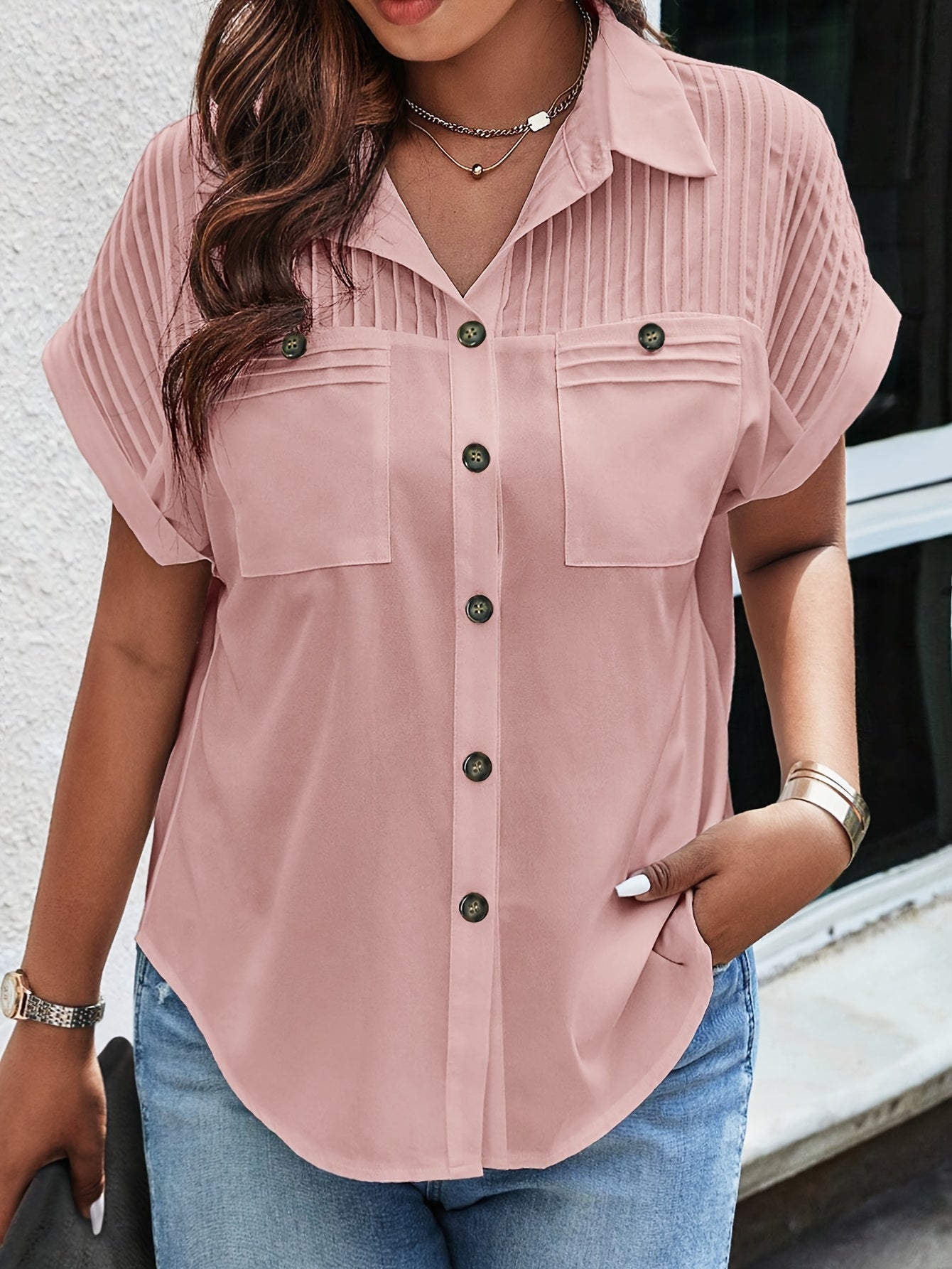 Elegant Solid Color Pleated Batwing Short Sleeve Casual Shirt