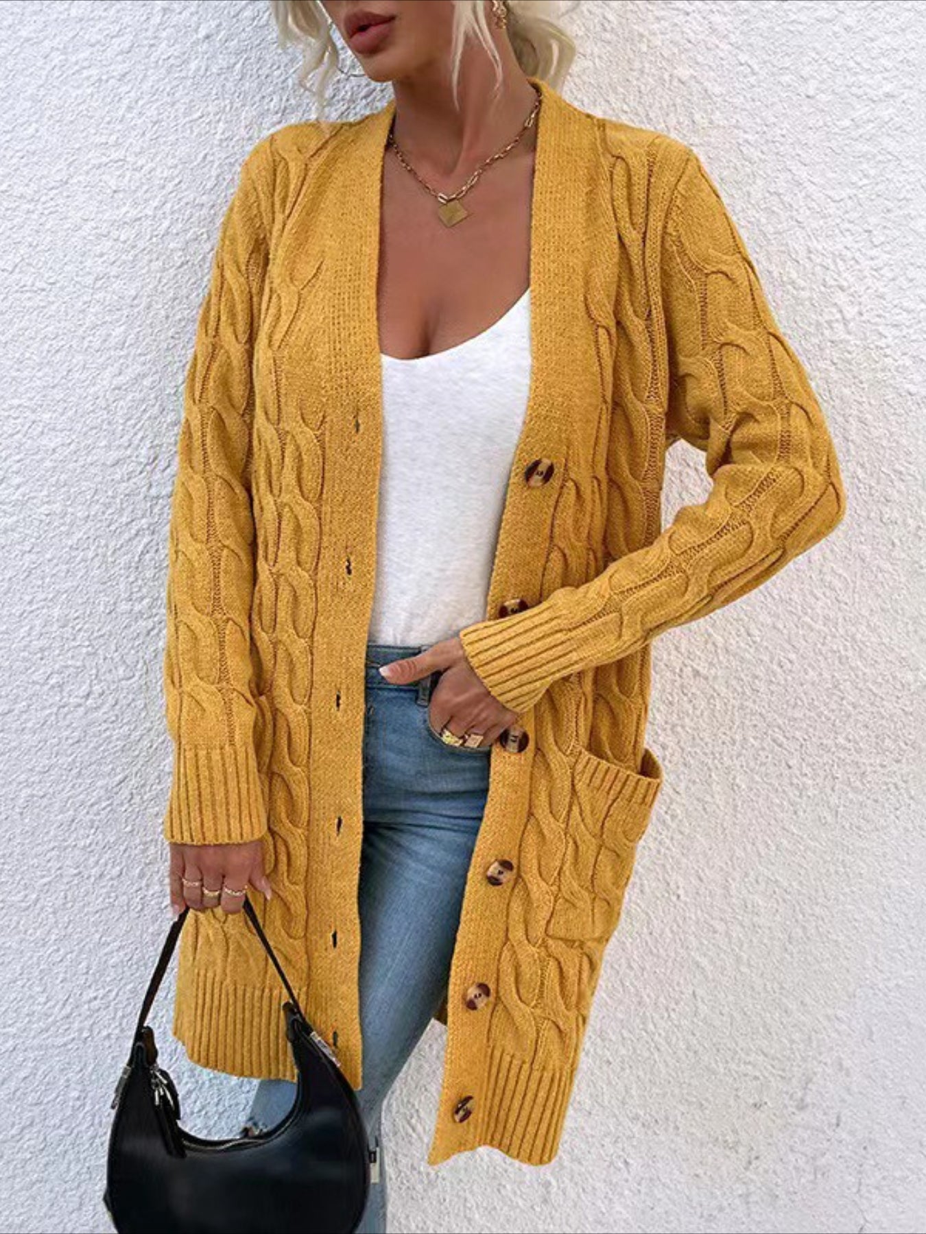 Elegant Long Nylon Soft Warm V-Neck Long Sleeves Sweater with Button Front