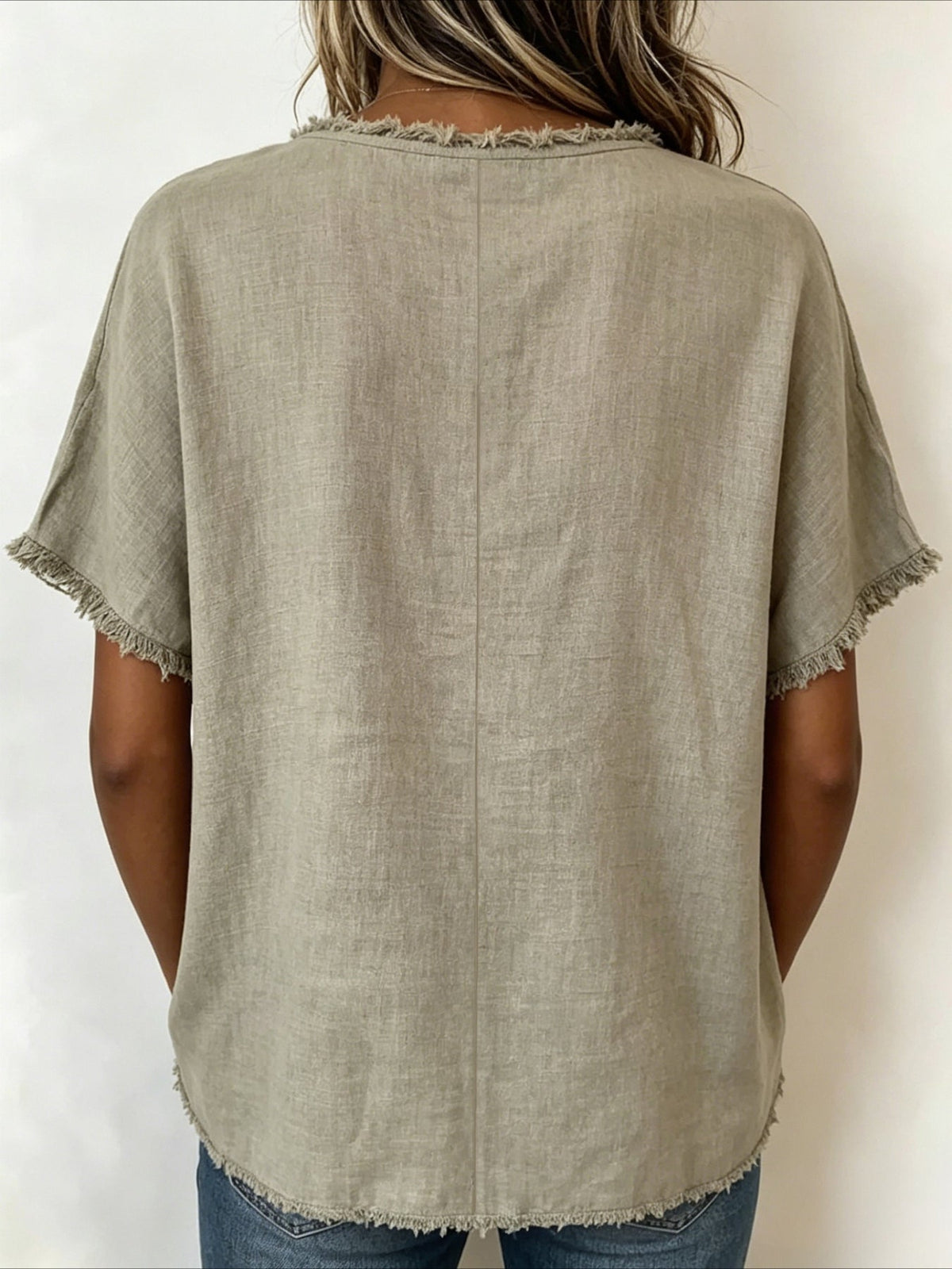 Round Neck Casual Fringed Panel Loose Short Sleeve Top