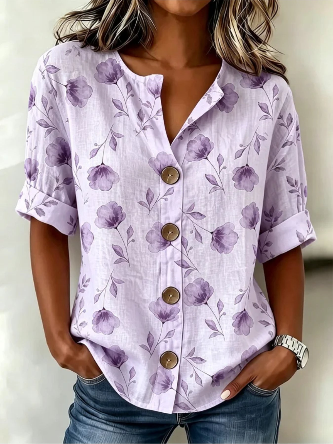 Floral Loose Stand Collar Simple Linen Blend Long Sleeve Shirt