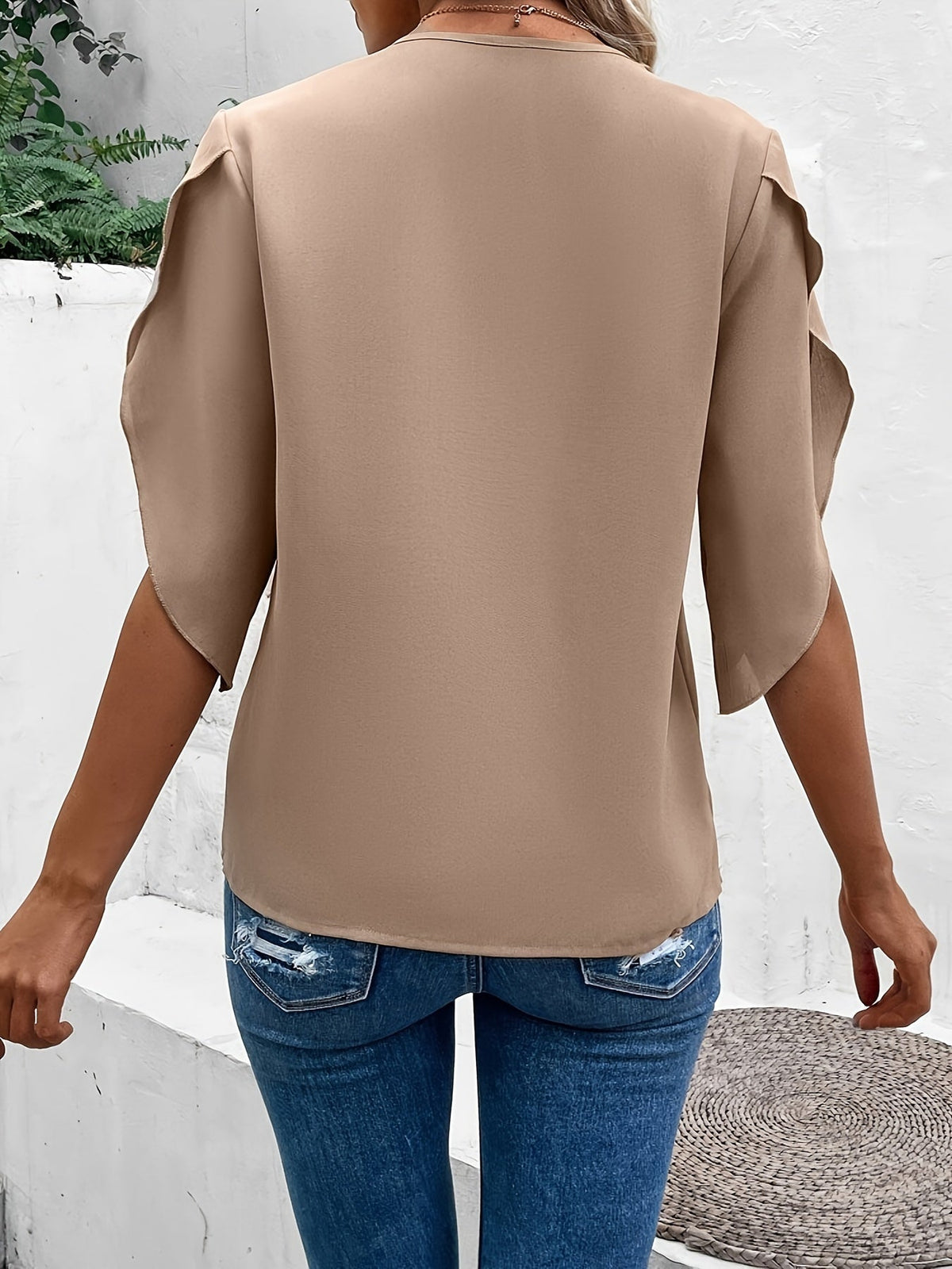 Solid Floral Lace Stitching V-neck Blouse, Vintage Petal Sleeve Blouse