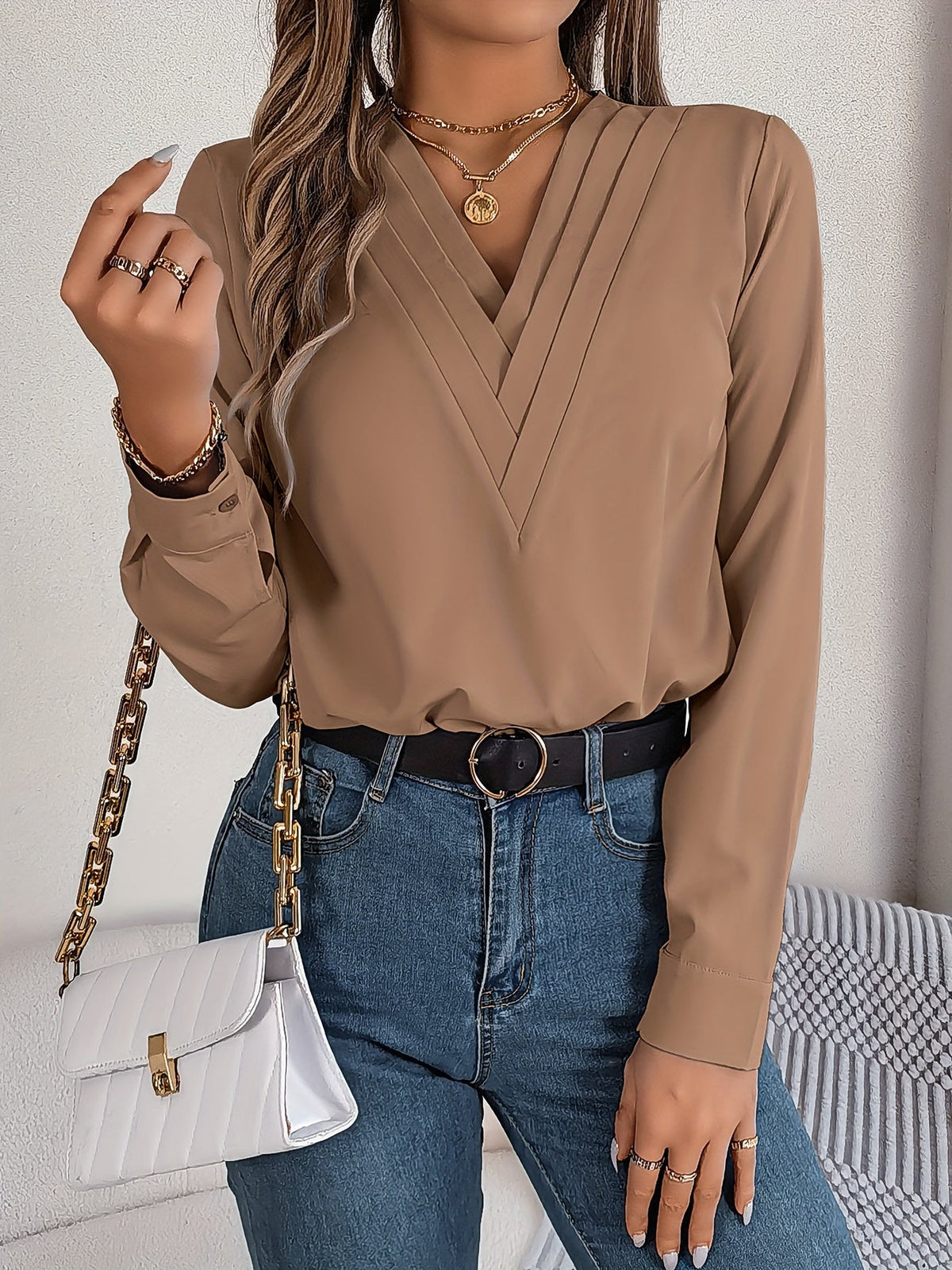 Solid Color V Neck Blouse, Elegant Long Sleeve Blouse