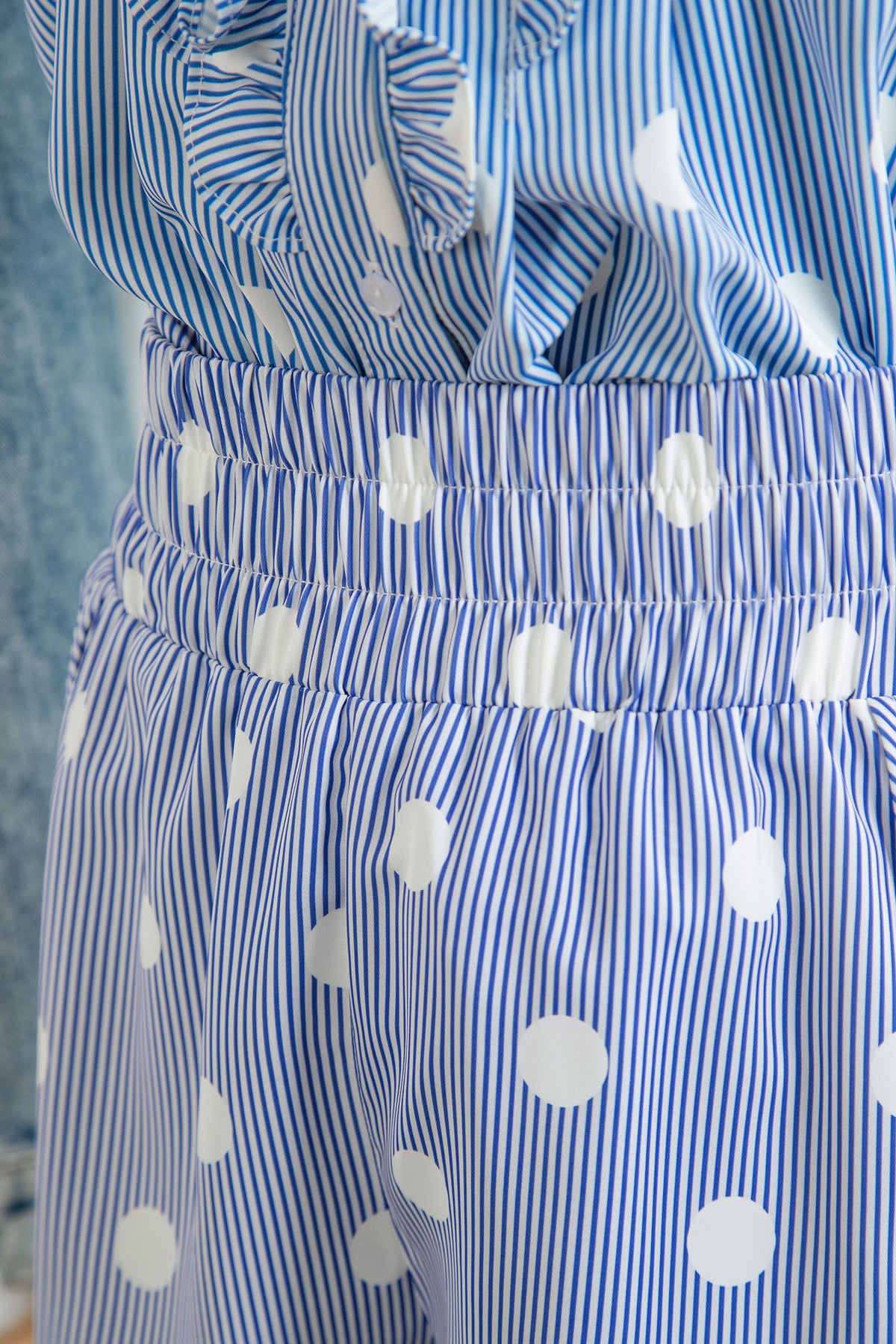 Sky Blue Polka Dot Print Shirred High Waist Casual Shorts