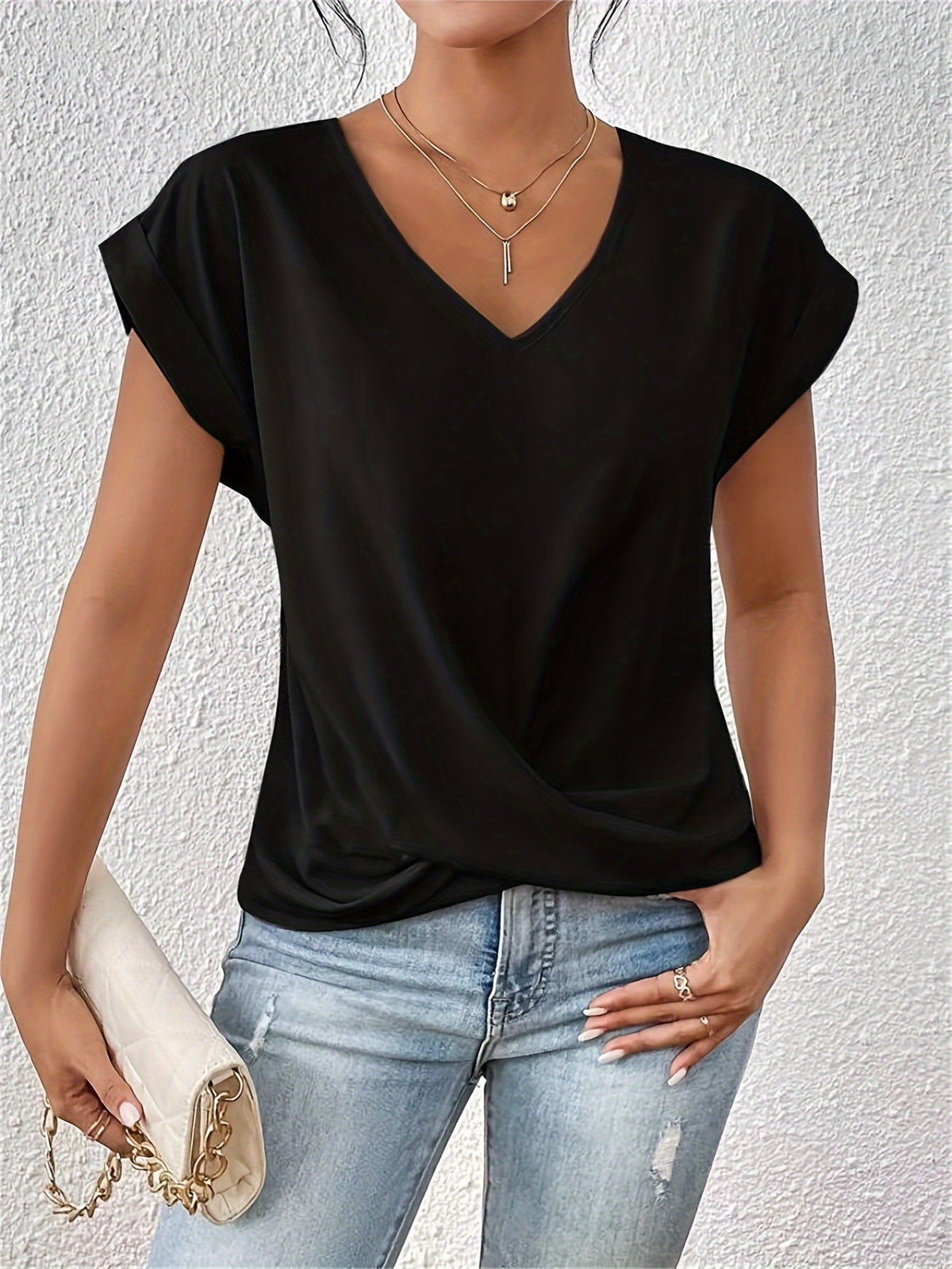 Women's Knot V Neck T-Shirt - Casual Short Sleeve Top