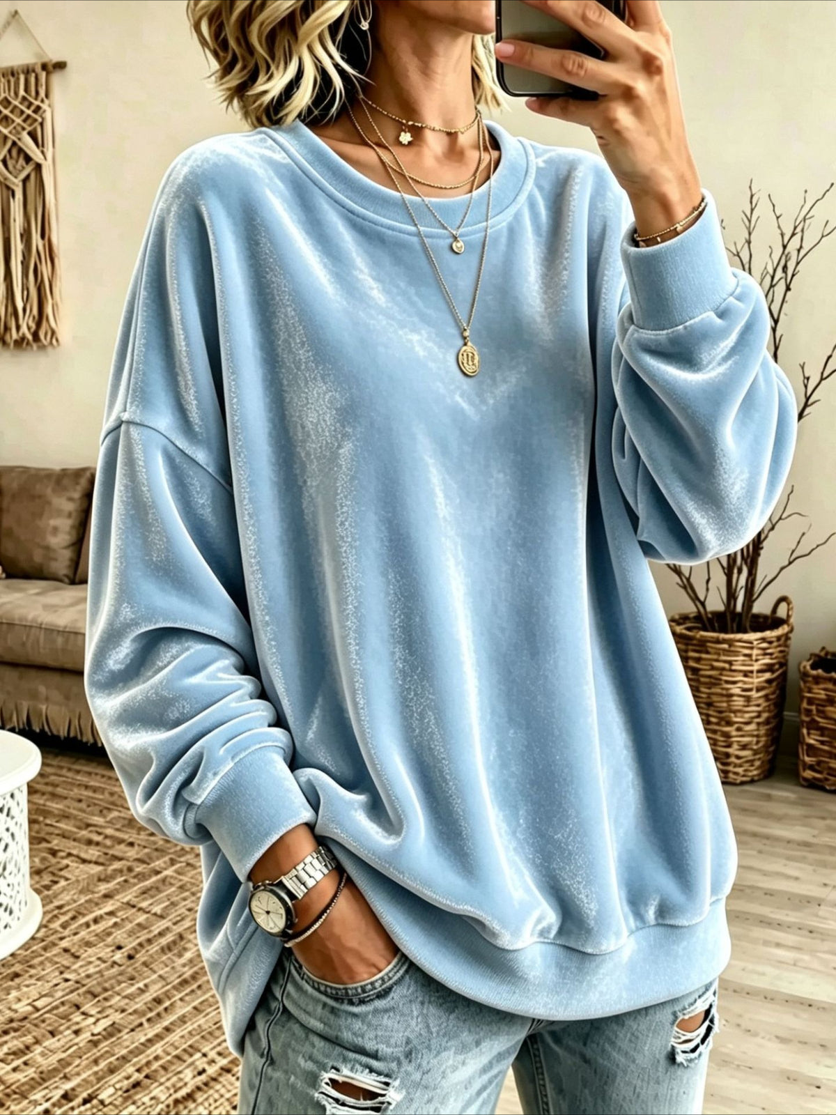 Crew Neck Drop Shoulder Velvet Sweatshirt