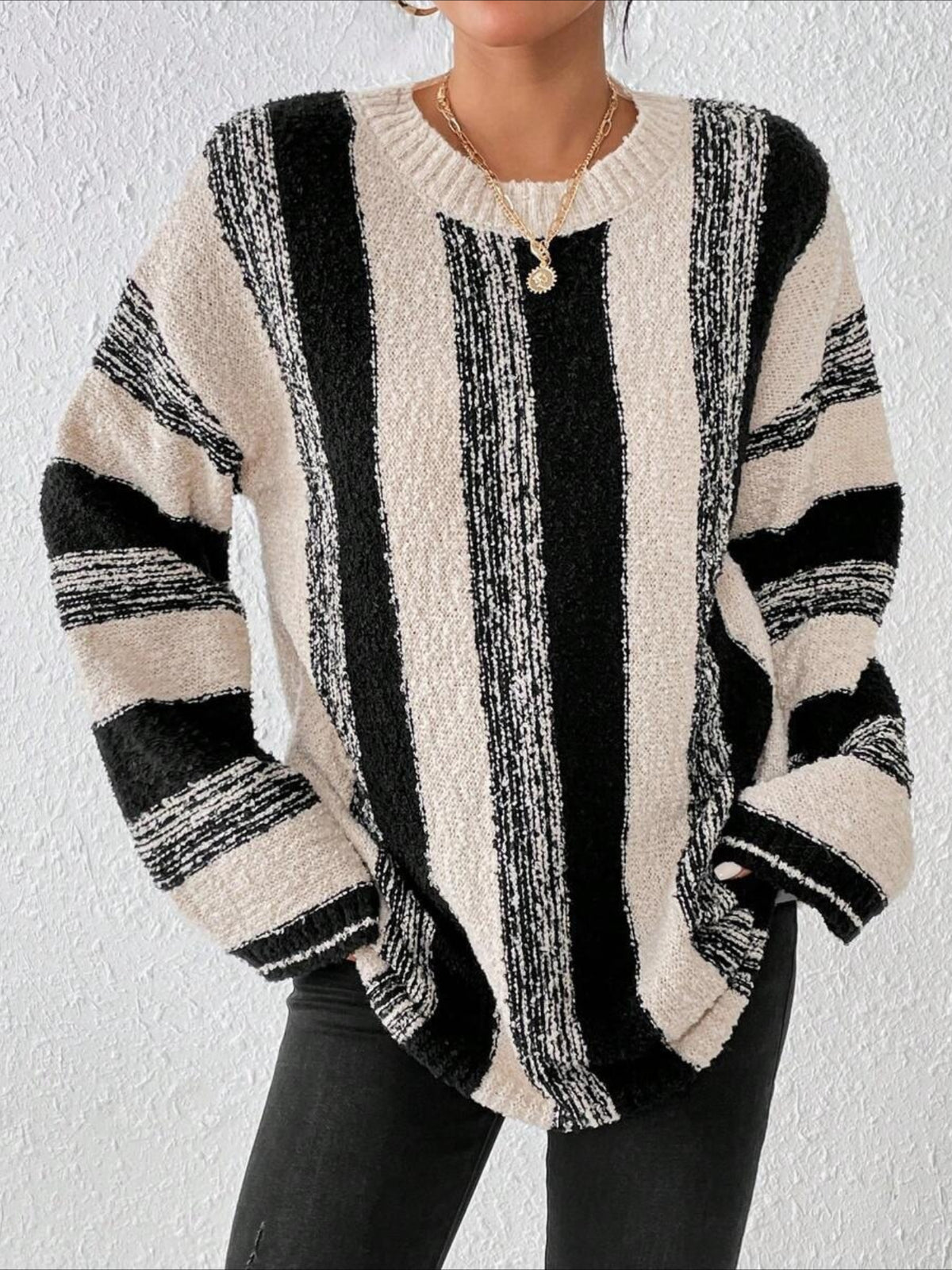 Striped Split Joint Winter Casual Long Sleeve Crew Neck Sweater