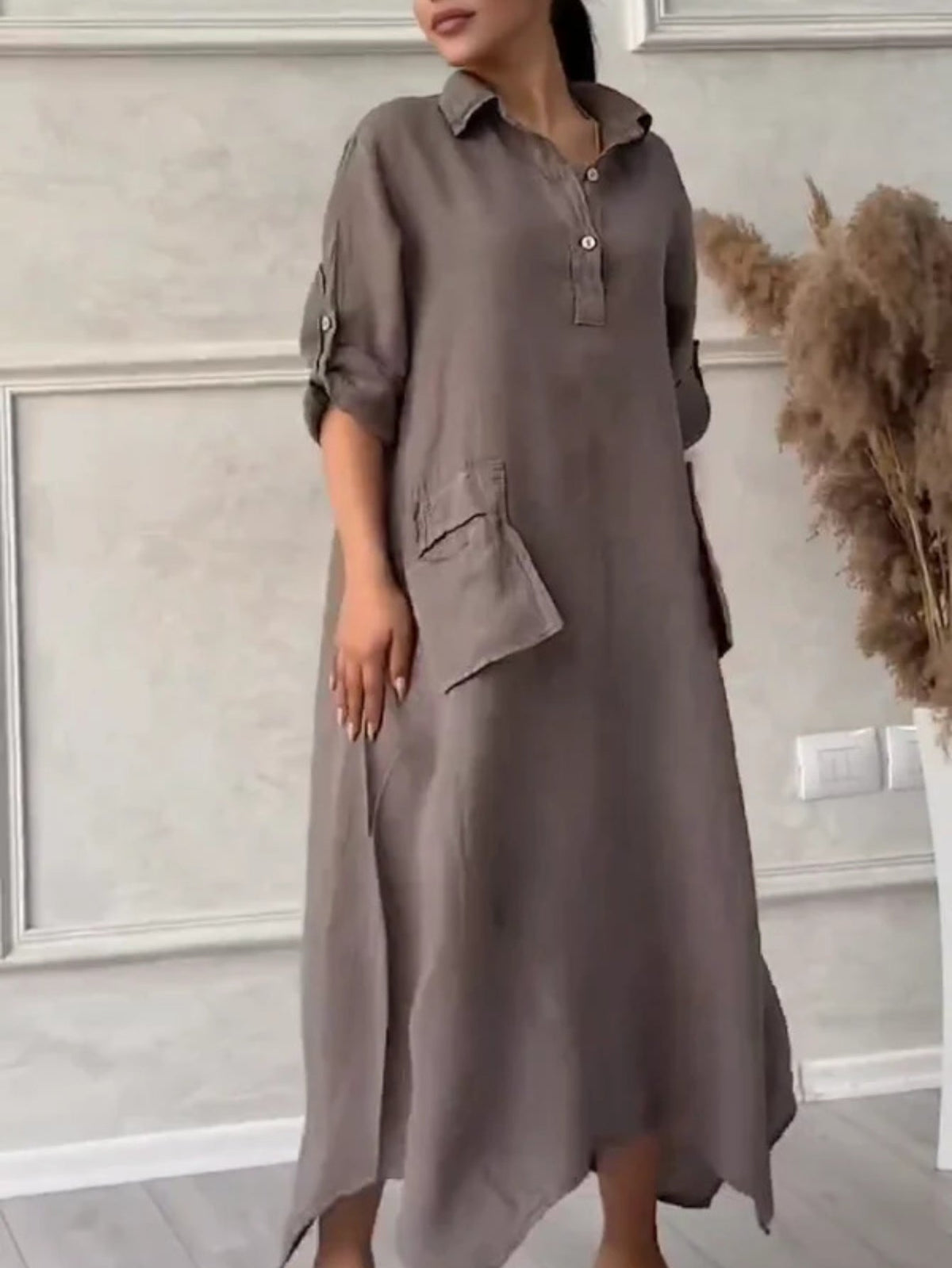 Solid Color Casual Shawl Collar Plain Loose Dress