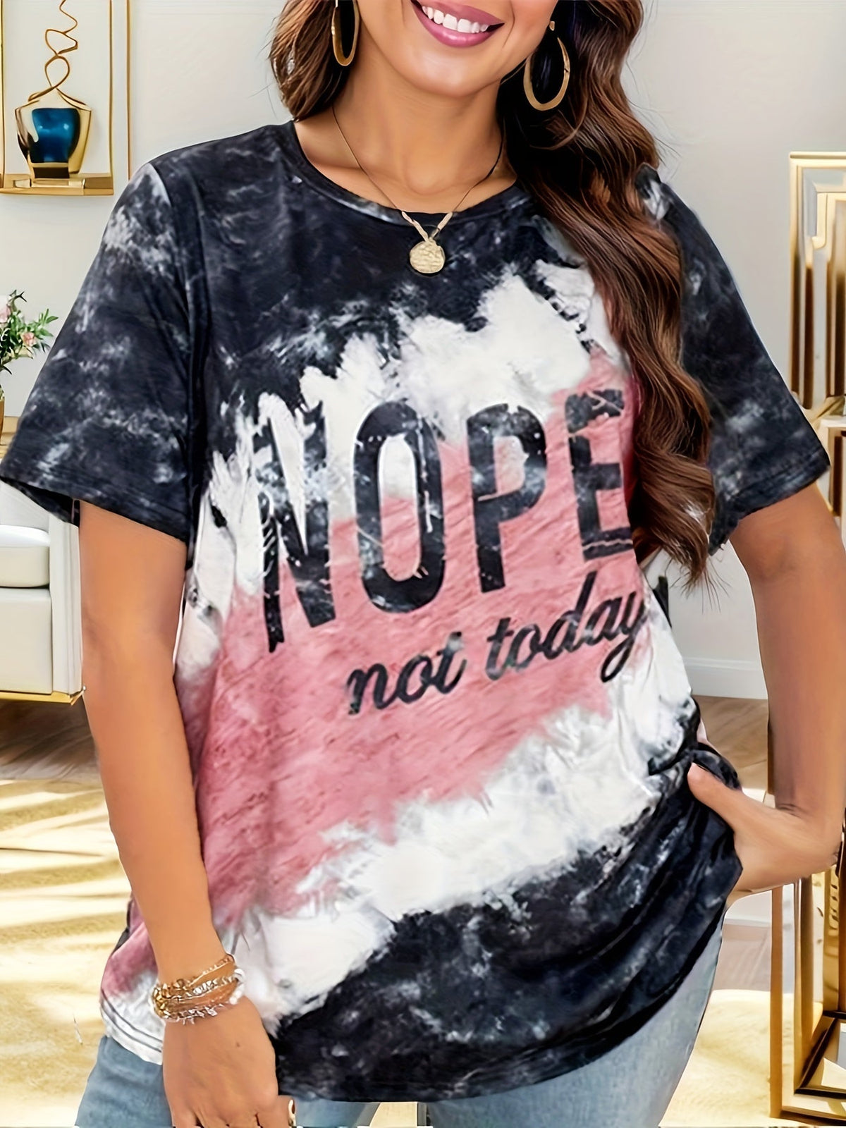 Plus Size Letter Print Top, Colorblock Crew Neck Short Sleeve Top