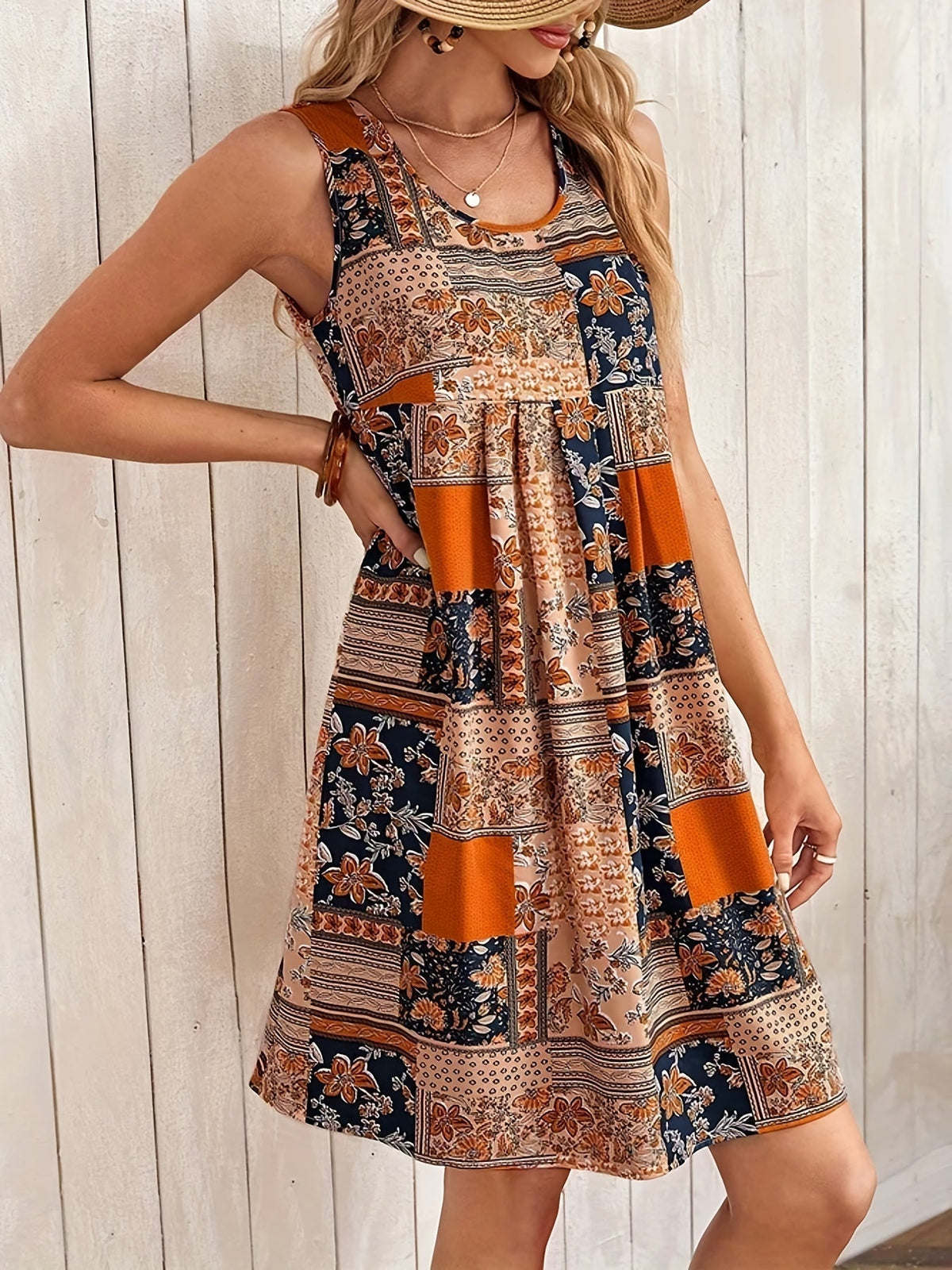 Floral Print Crew Neck Dress, Elegant Sleeveless Tank Dress