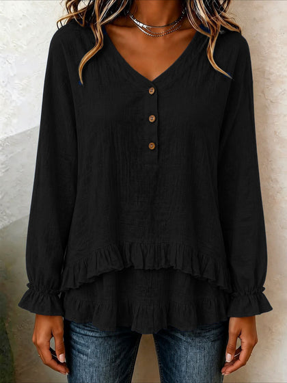 V-Neck Button Detail Long Sleeve Ruffle Hem Blouse