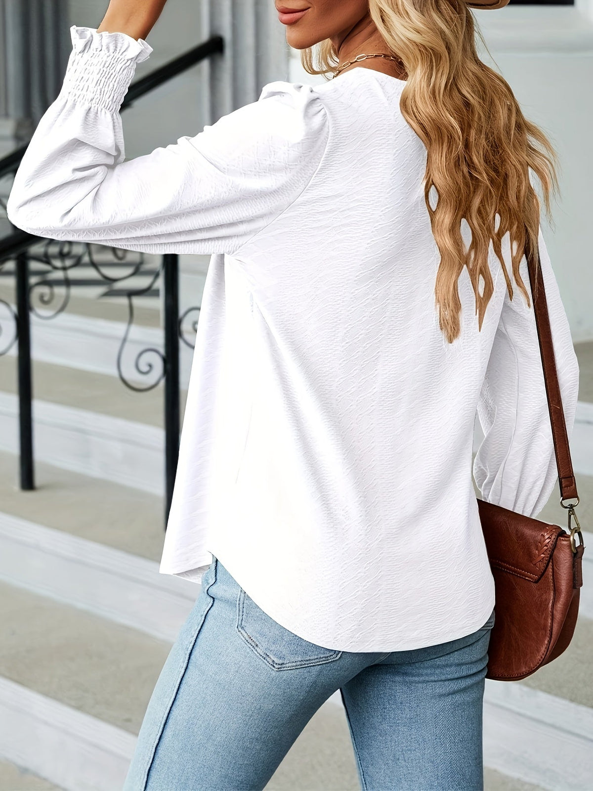 Elegant T-shirt, Women's  Argyle Textured Shirred Lantern Sleeve Square Neck Ruched Top