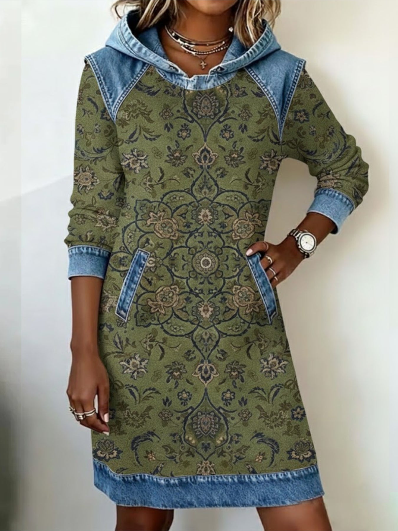 Denim Patchwork Abstract Long Sleeve Hoodie Printing Daily Vintage H-Line Spring/Fall Midi Dress