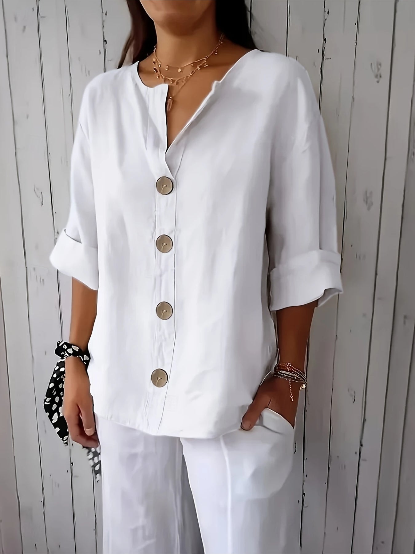 V-Neck Button-Up Solid Color Short Sleeve Loose Fit Short Sleeve Shirt