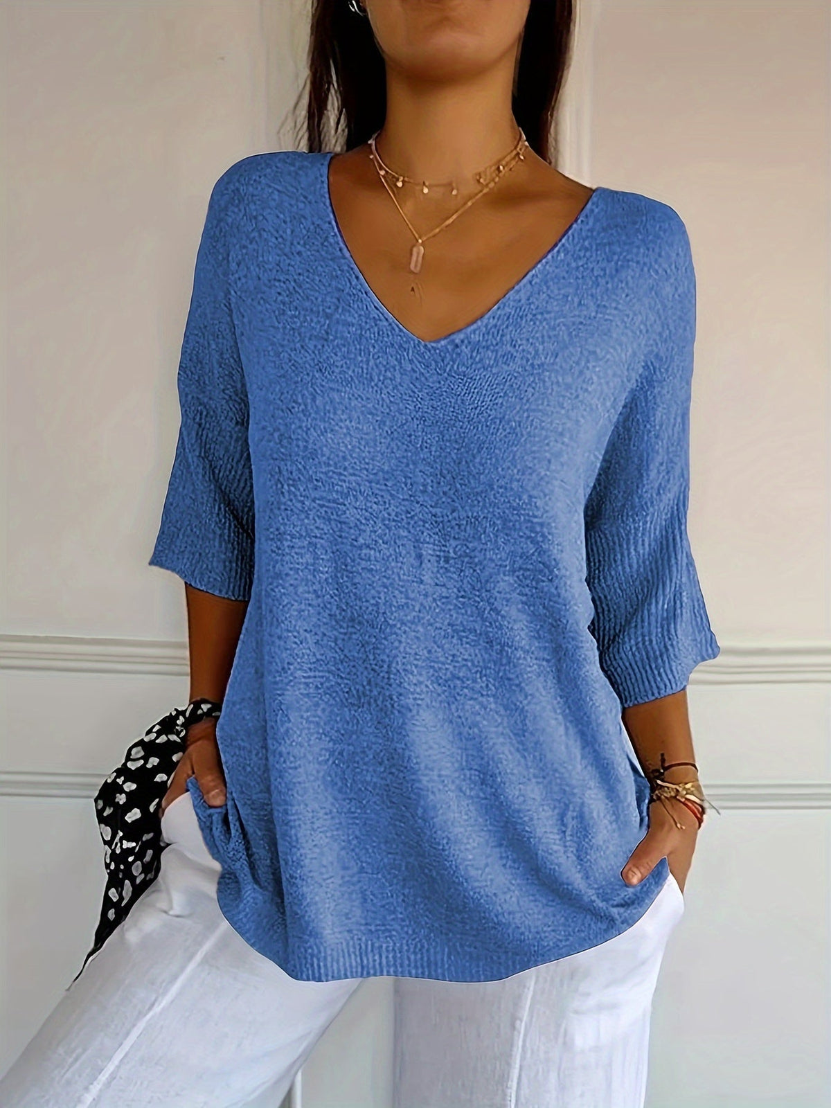 Cozy V Neck Pullover Three-Quarter Sleeve Knitted Sweater