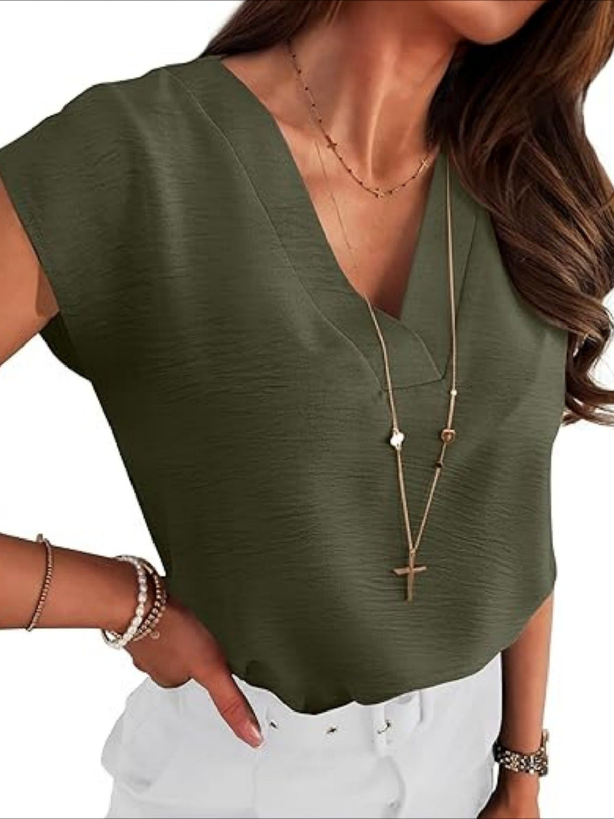 Plain V-Neck Batwing Short Sleeve Casual Loose Blouse