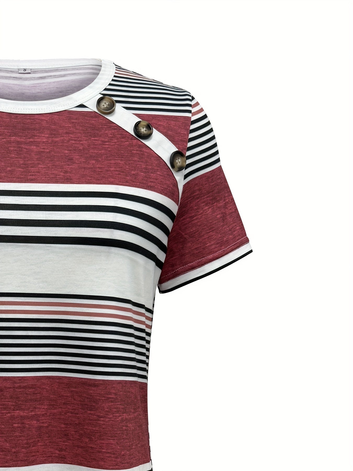 Button Front Vibrant Striped Short Sleeve Crew Neck T-Shirt