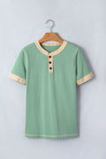 Mint Green Raw Seam Color Block Detail Buttoned Henley Tee