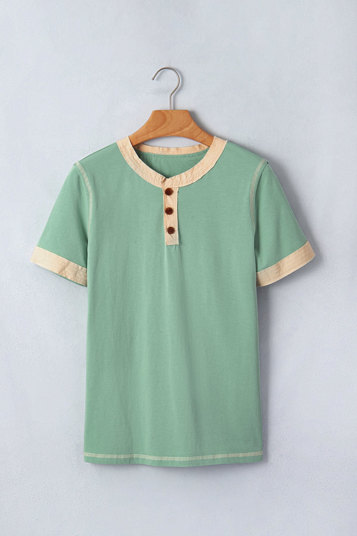 Mint Green Raw Seam Color Block Detail Buttoned Henley Tee