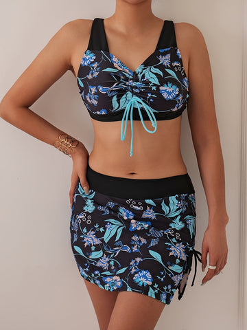 3 piece Women's Butterfly Floral Print Drawstring Bikini Set with Side Split and High Waist V Neck Stretchy and Comfortable Swimwear