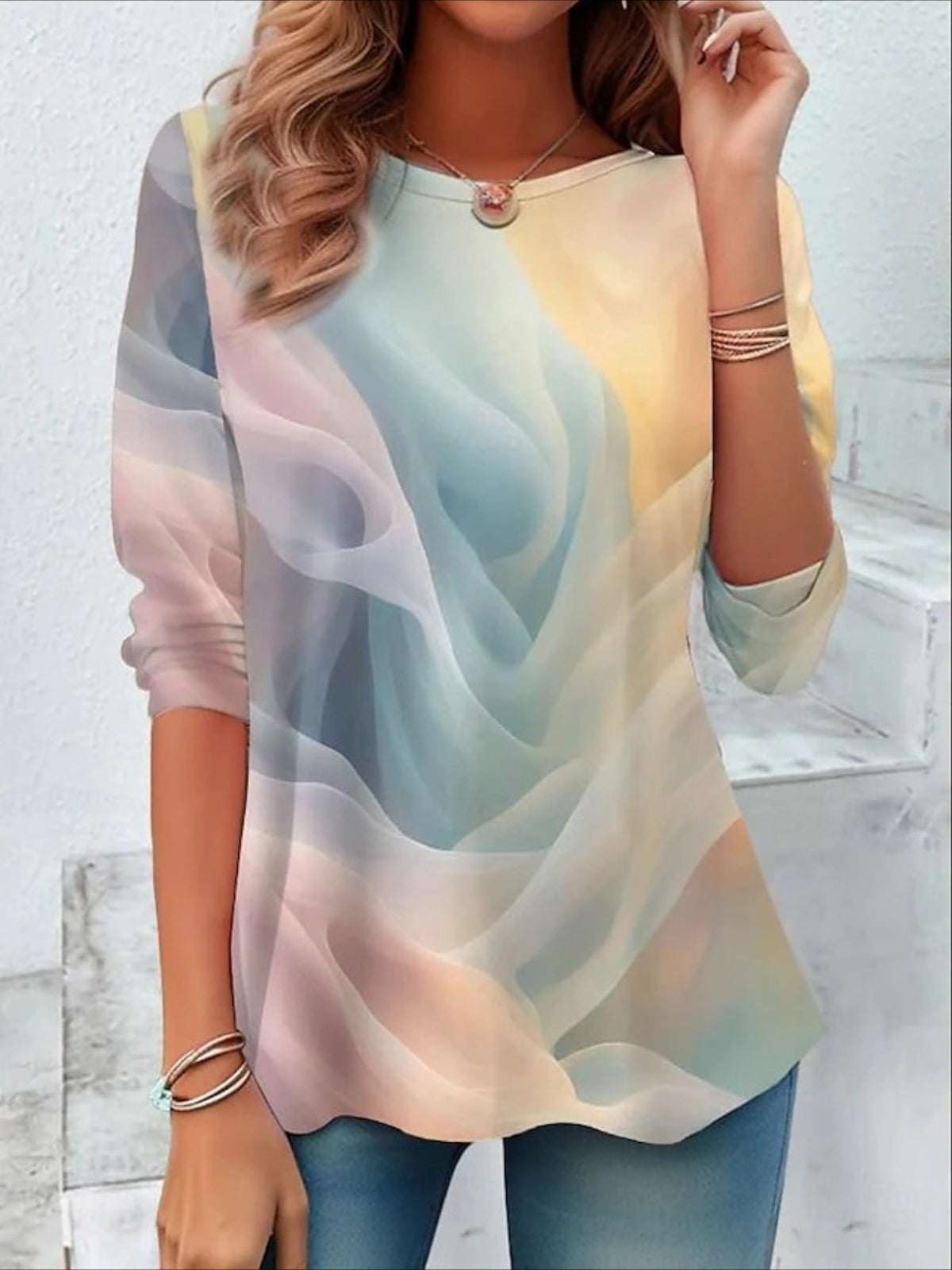 Flower Printed Casual Crew Neck Long Sleeve T-shirt