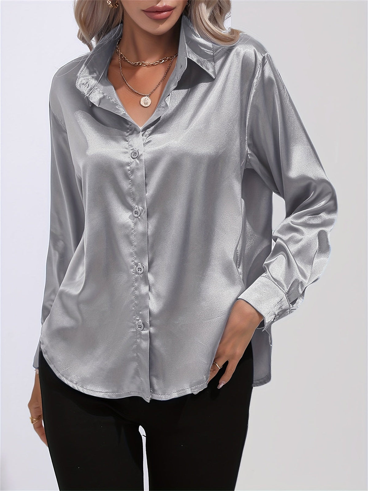 Lapel-collar Satin-satin-faux Silk Long-sleeved Shirt