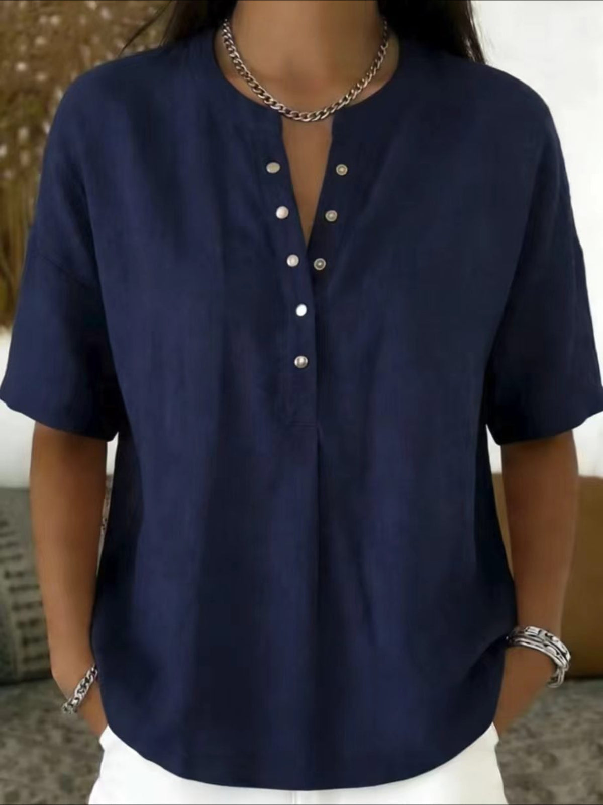 Cotton And Linen Round Neck Short Sleeve Button H-Line Daily Going Out Casual Loose Blouse