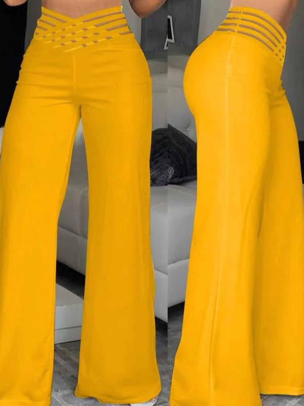 Elegant High-Waist Cross Detail Transparent Mesh Patchwork Pants