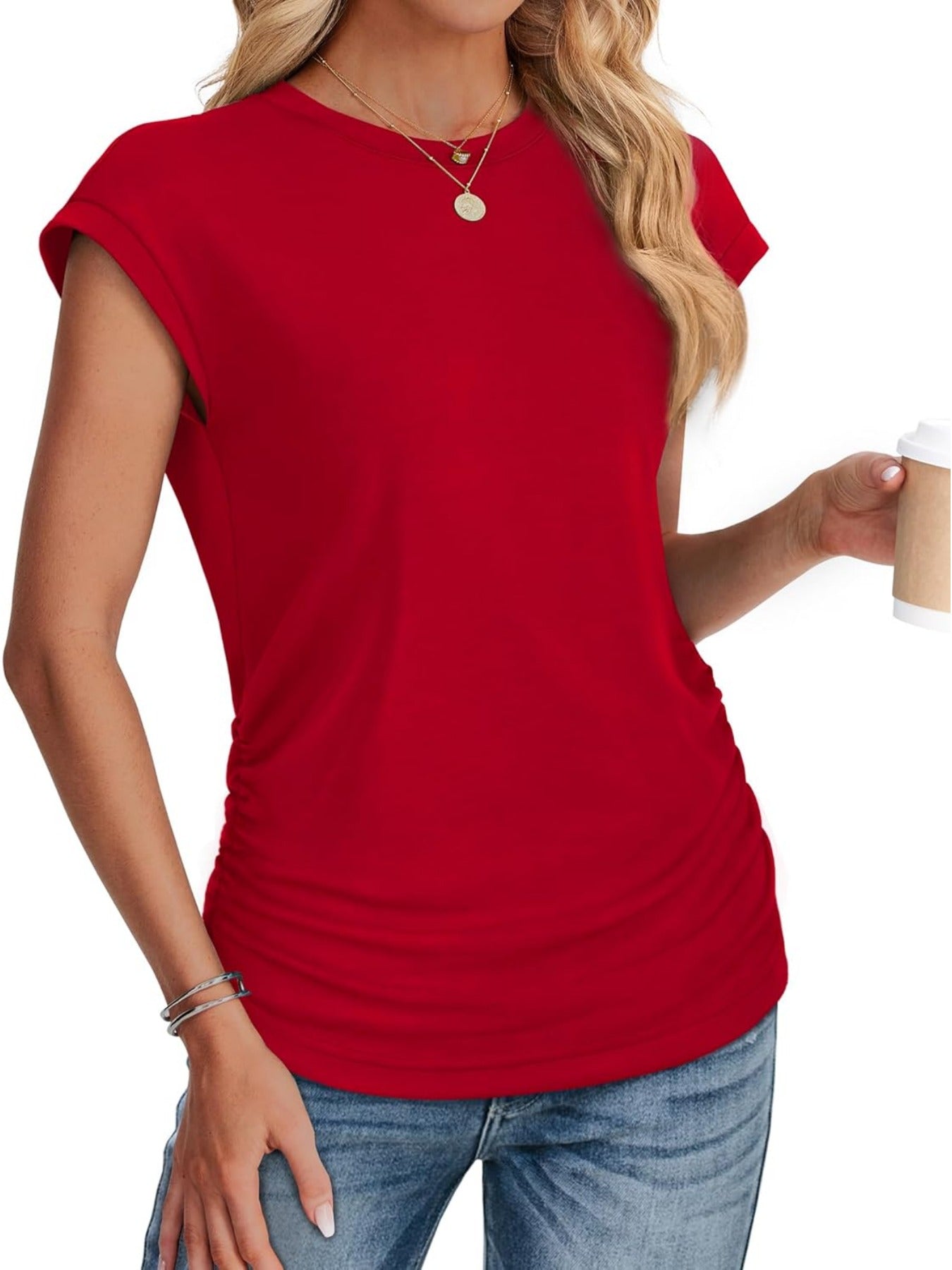 Solid Color Crew Neck Ruched Cap Short Sleeve T Shirts