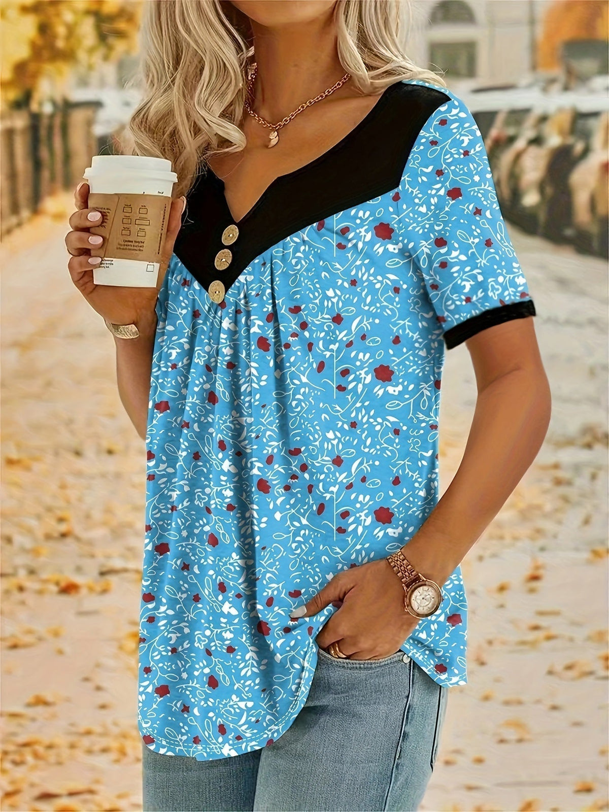 V Neck Floral Print Short Sleeve Top - Comfortable Medium Stretch Polyester Casual Wear for All Seasons - Button Front, Knit Fabric, Random Printing
