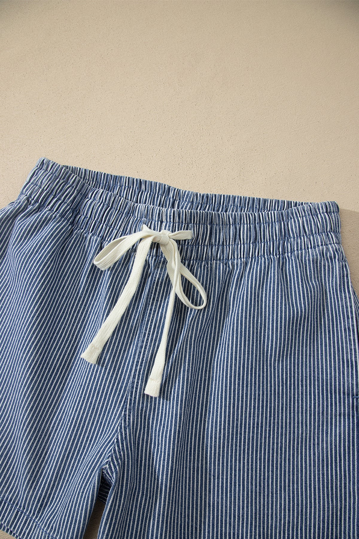 Blue Stripe Drawstring Elastic Waist Casual Denim Shorts