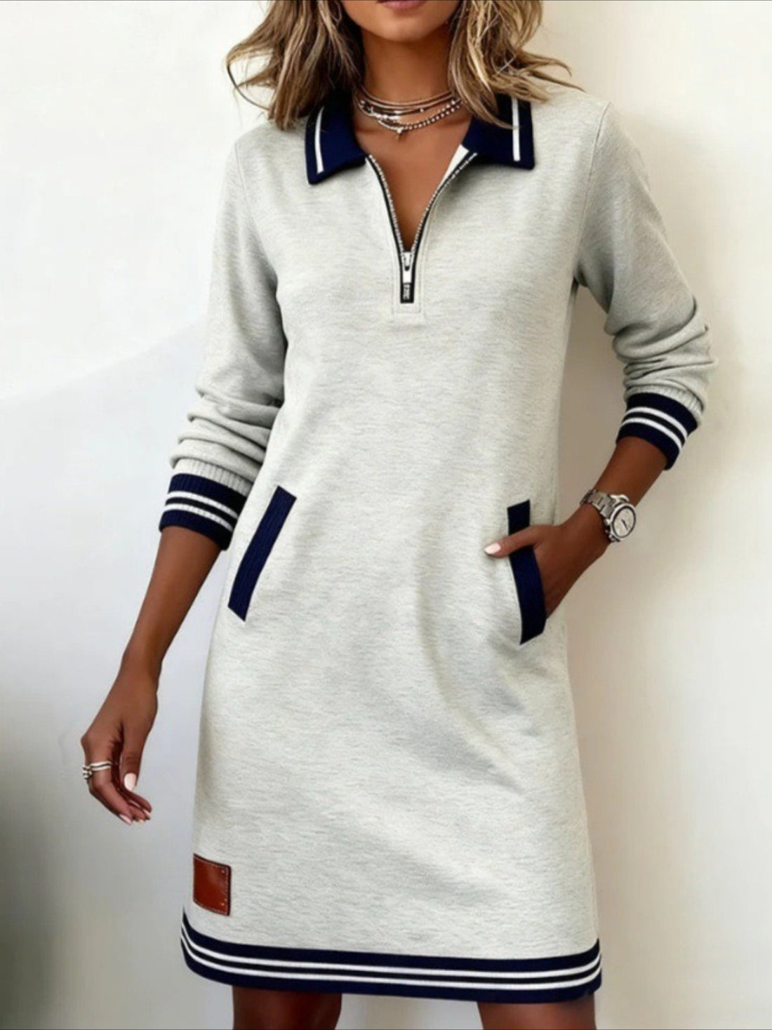 Color Block Spring/Fall Dress V Neck Long Sleeve A-Line Dress