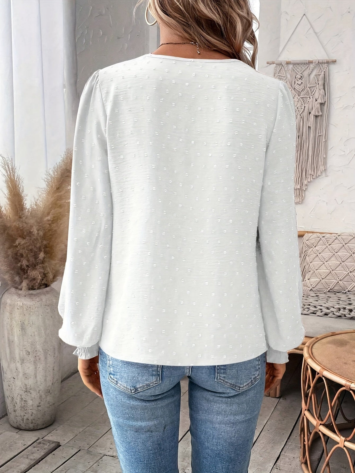 Lace Splicing Swiss Dot V-neck Blouse, Elegant Long Sleeve Blouse Top