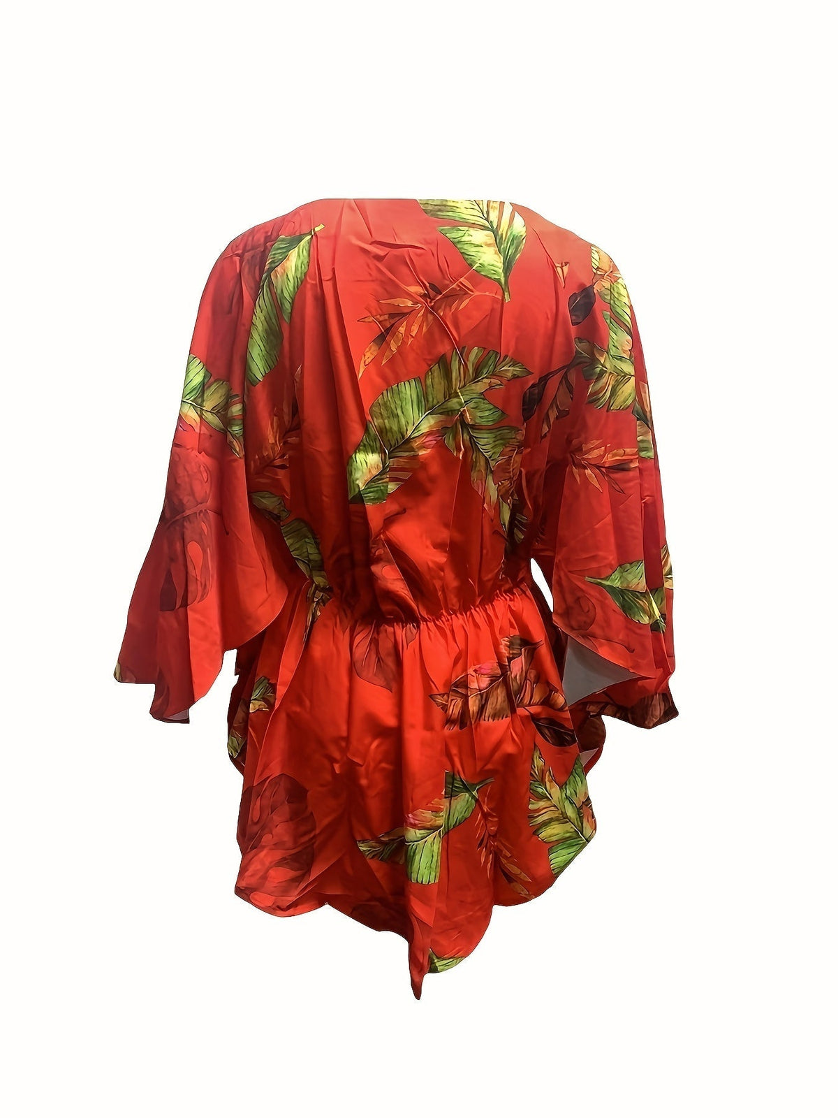 Full Printed V Neck Dress, Casual Tie Waist Batwing Sleeve Dress