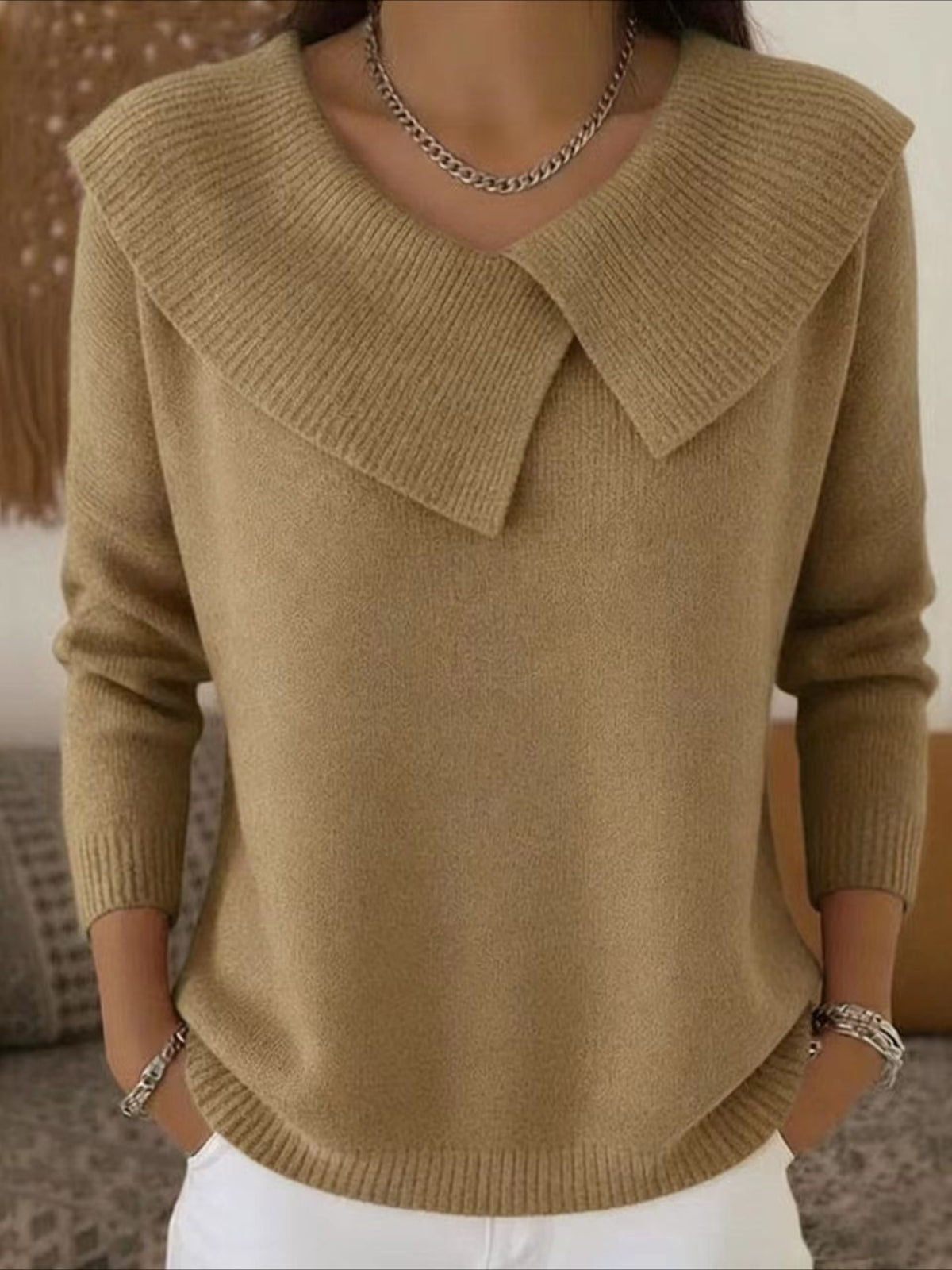 Solid Asymmetrical Lapel Color Long Sleeve Sweater
