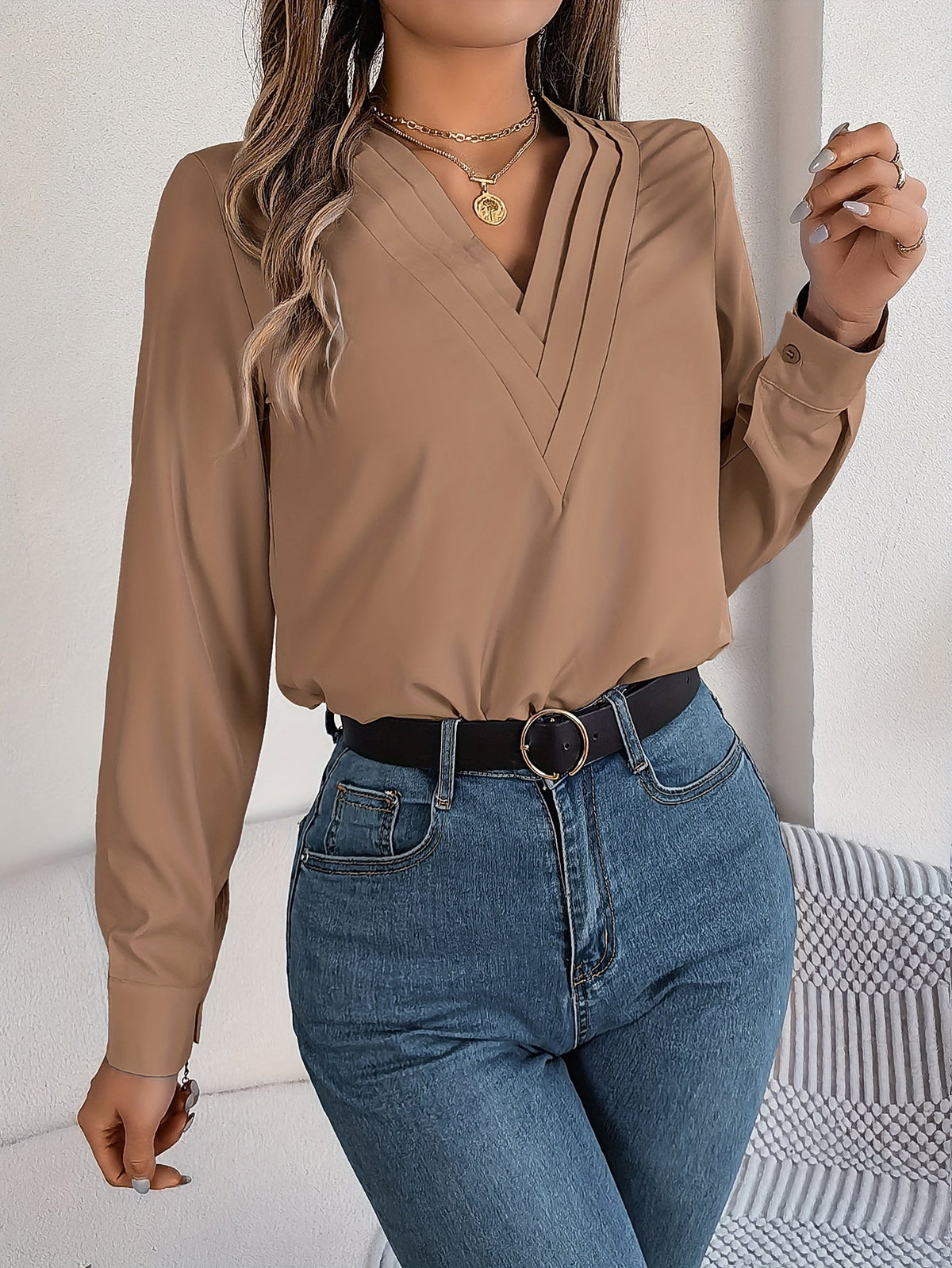 Solid Color V Neck Blouse, Elegant Long Sleeve Blouse
