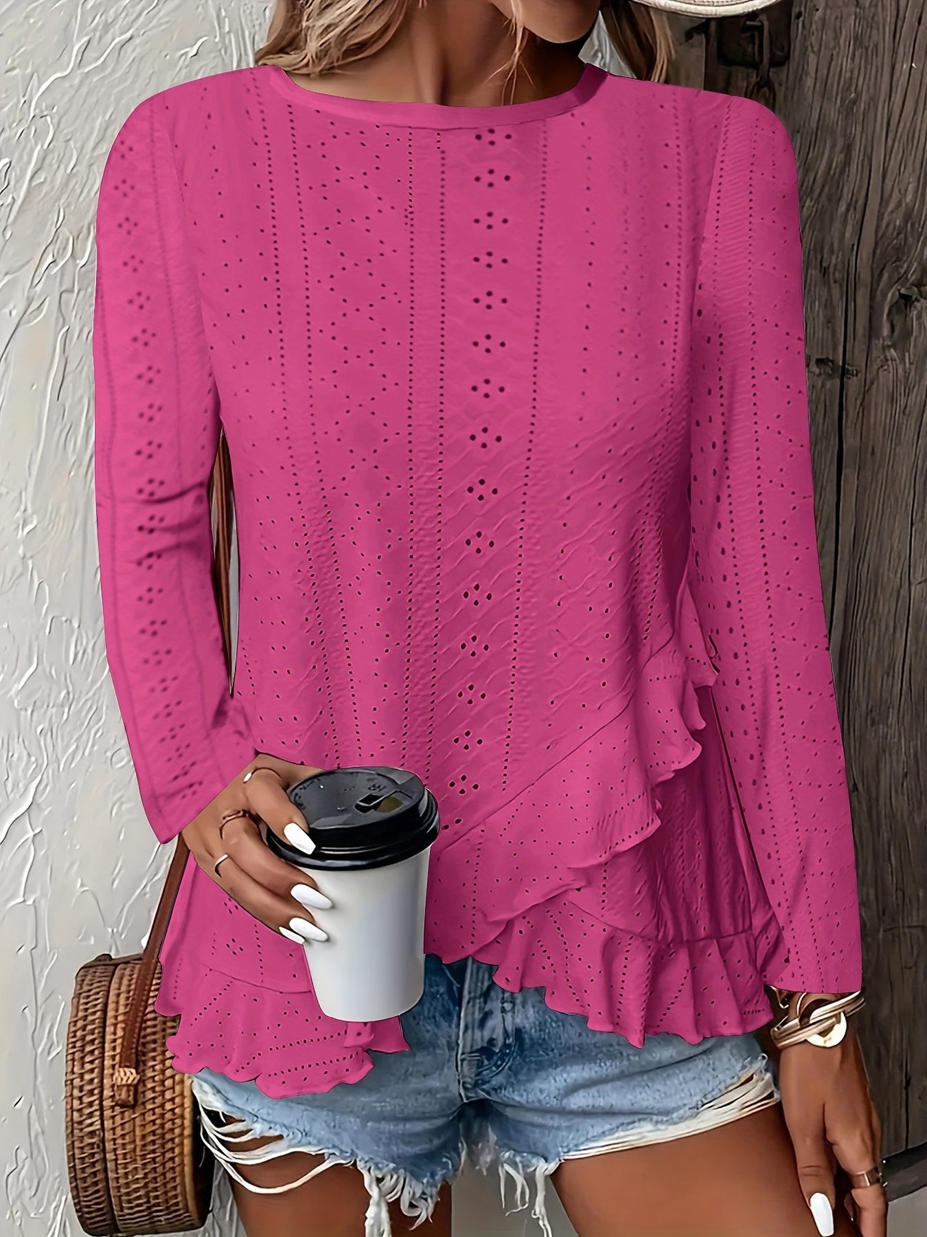 Stylish Asymmetrical Ruffle Hem Long Sleeve Top - Elegant Embroidered Solid Clothing