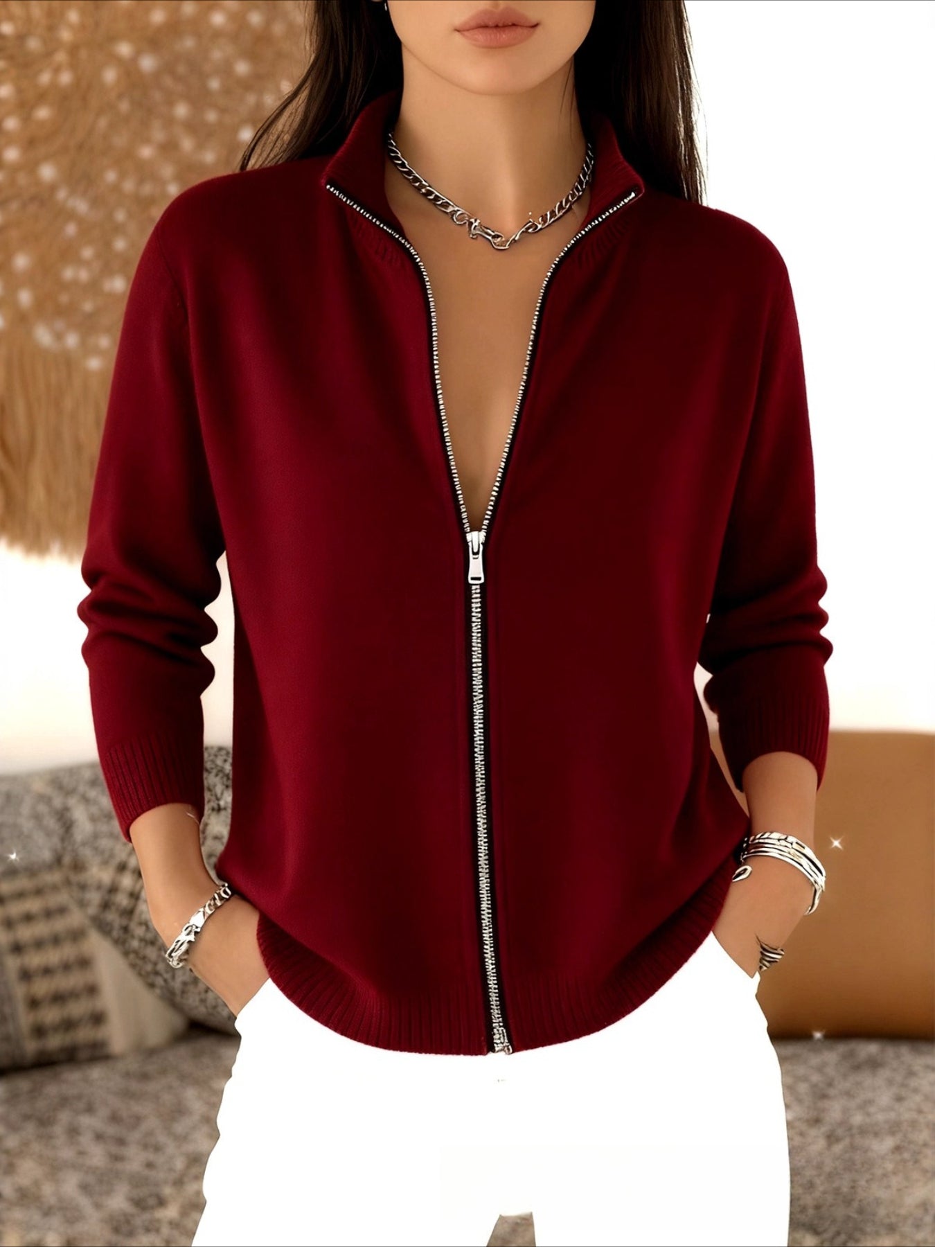 Printed Loose Casual Zip Turtleneck Cardigan