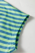 Green Stripe Colorblock Trim V Neck Tee Drawstring Elastic Waist Short Set