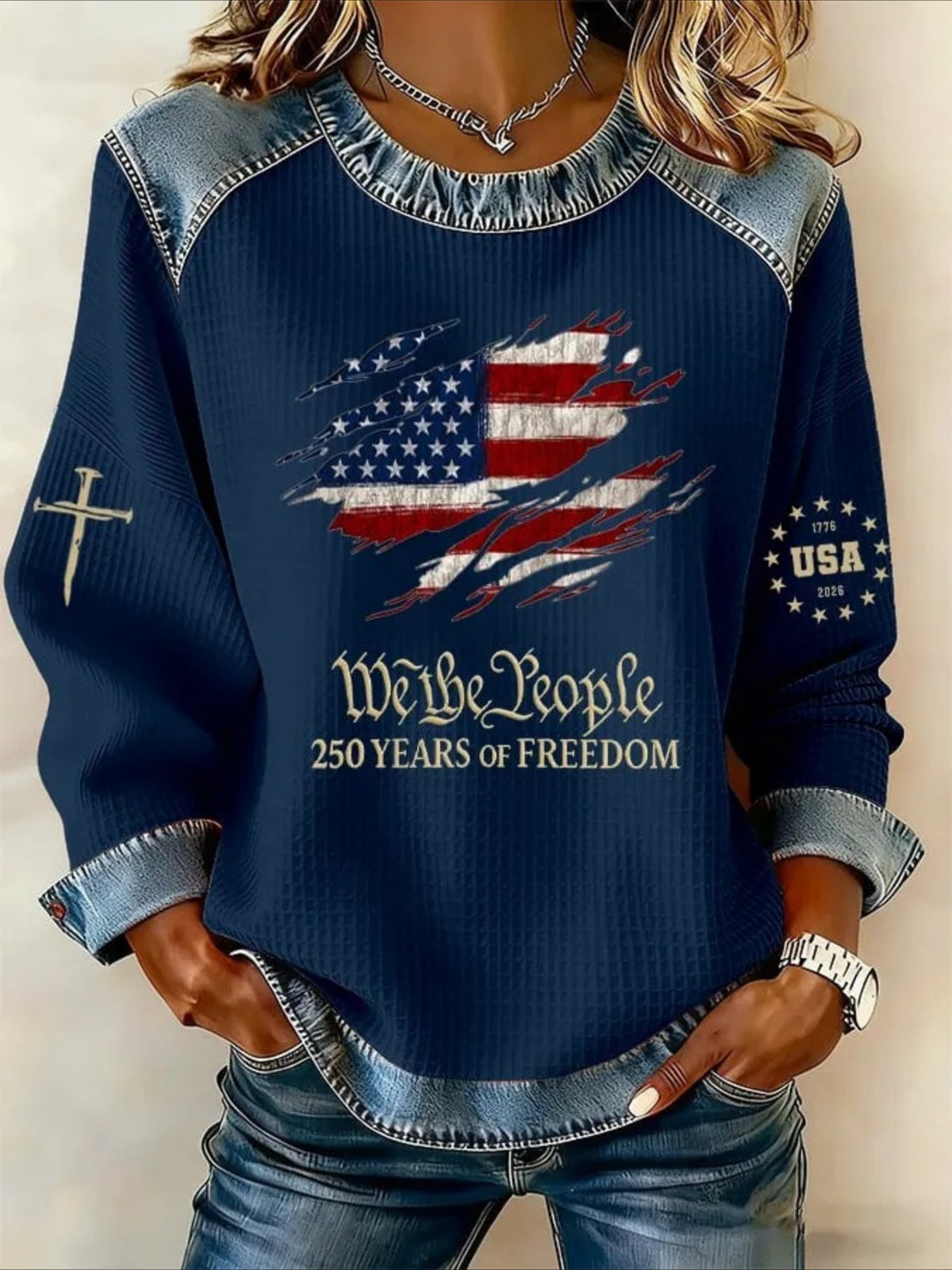 Denim Print Splicing Long Sleeve Crew Neck Sweatshirts