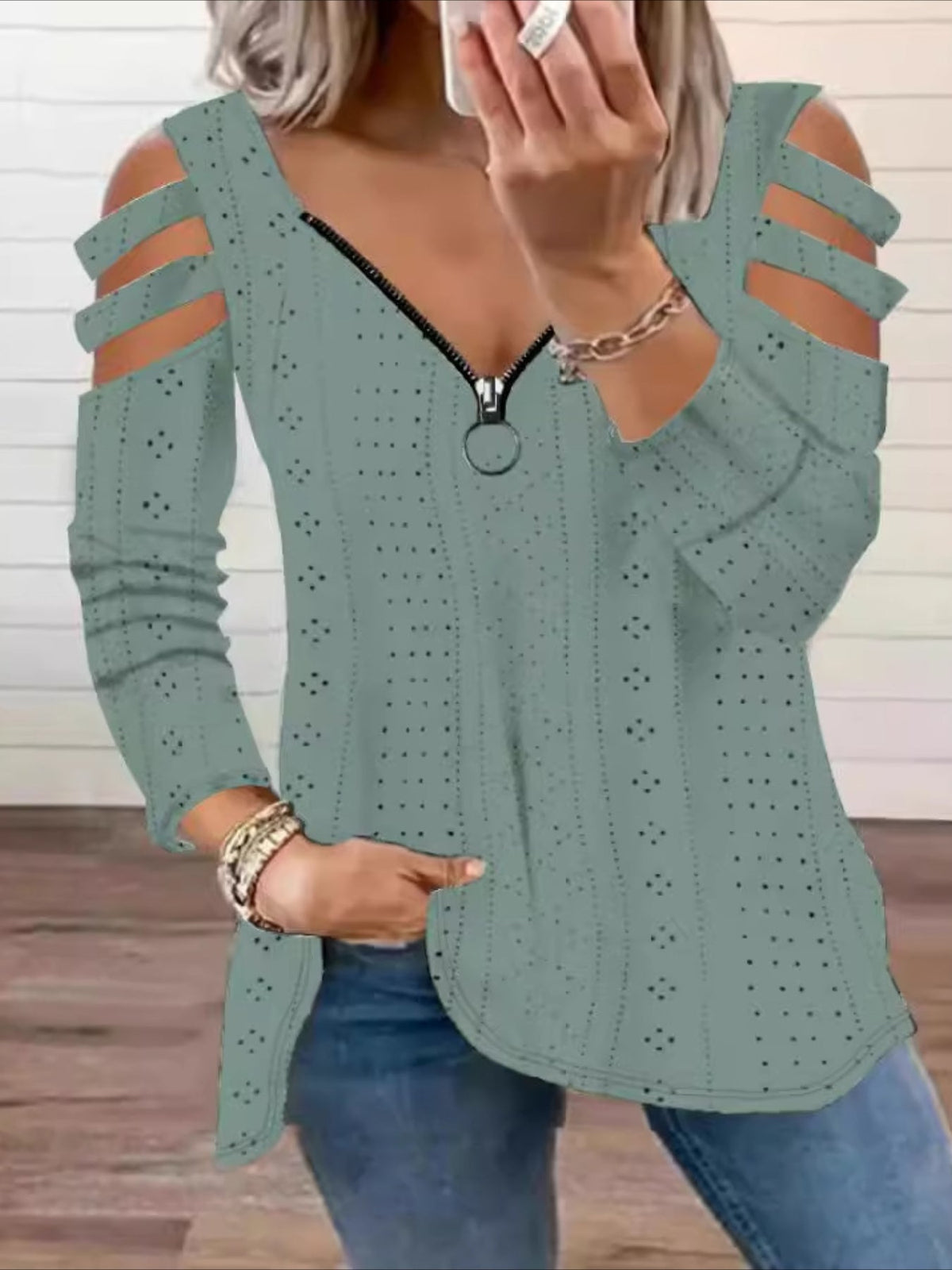 Eyelet Zipper T-Shirt, Casual Cut Out Short Sleeve Top