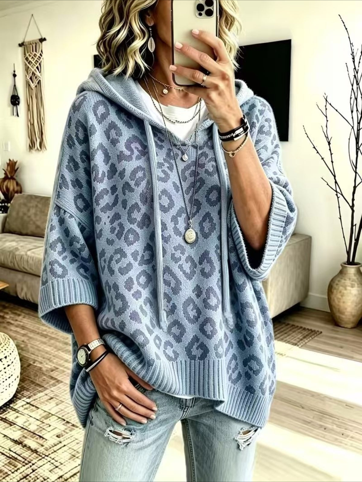 Leopard Pattern Hooded Knit Sweater with Batwing Sleeves