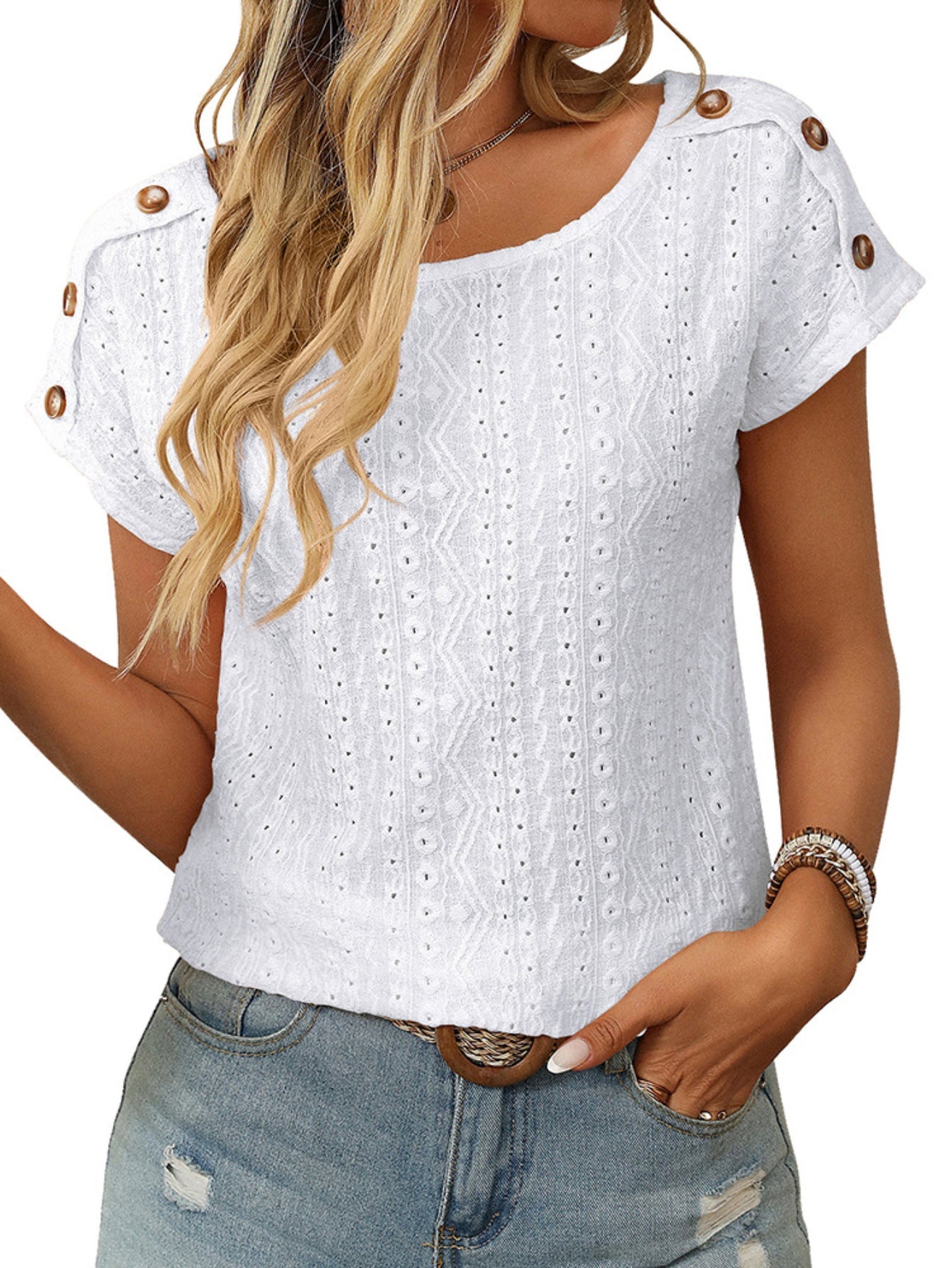Solid Color Round Neck Shoulder Button Embroidery Hollow Short Sleeved T-shirt