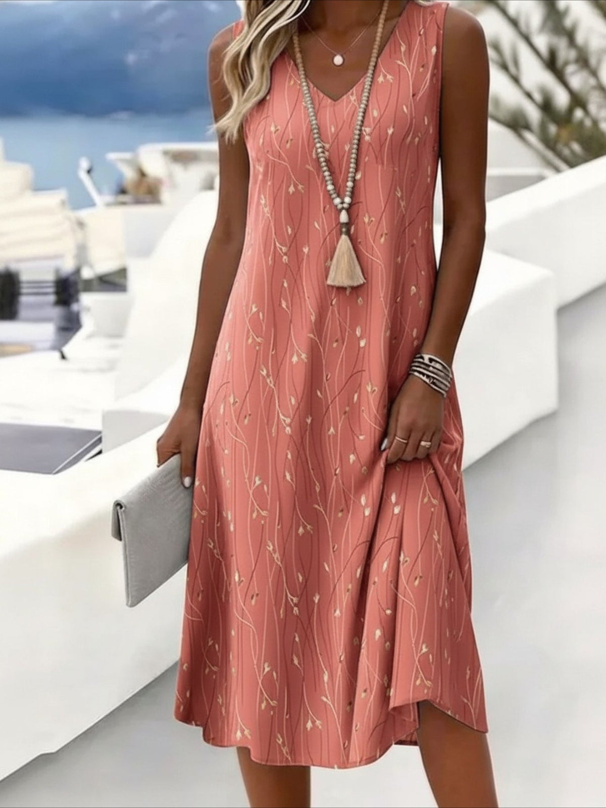 Leaf Print Sleeveless V-Neck Casual Midi Dress