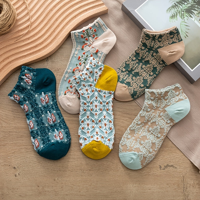 5 Pairs Vintage Court Style Short Socks, Cute Japanese Style Flower Geometric 3D Textured Low Cut Ankle Socks