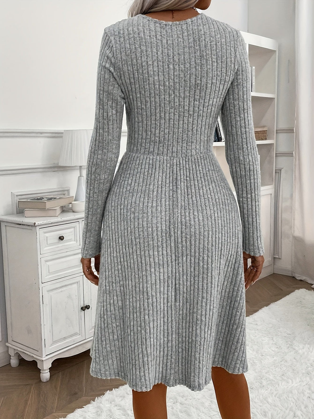 Solid V-neck Button Decor Dress, Elegant Long Sleeve Slim Dress