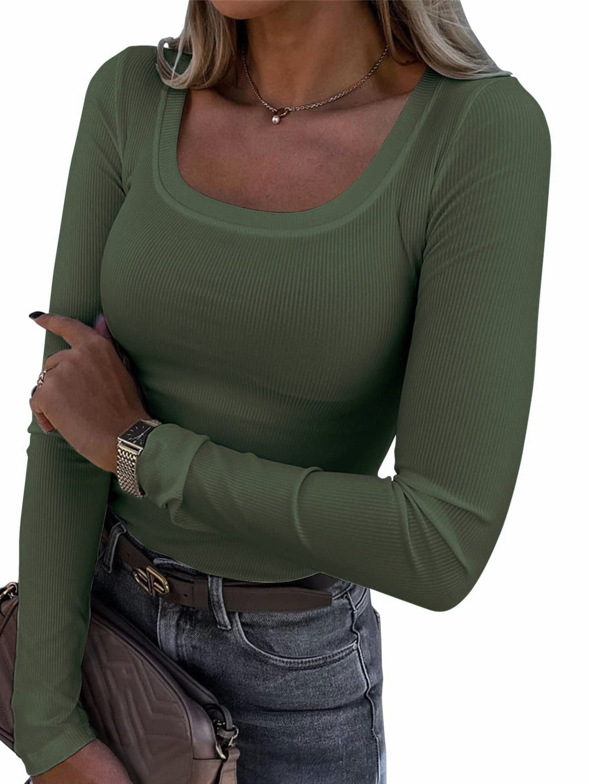 Casual Long Sleeve Square Neck T-shirt