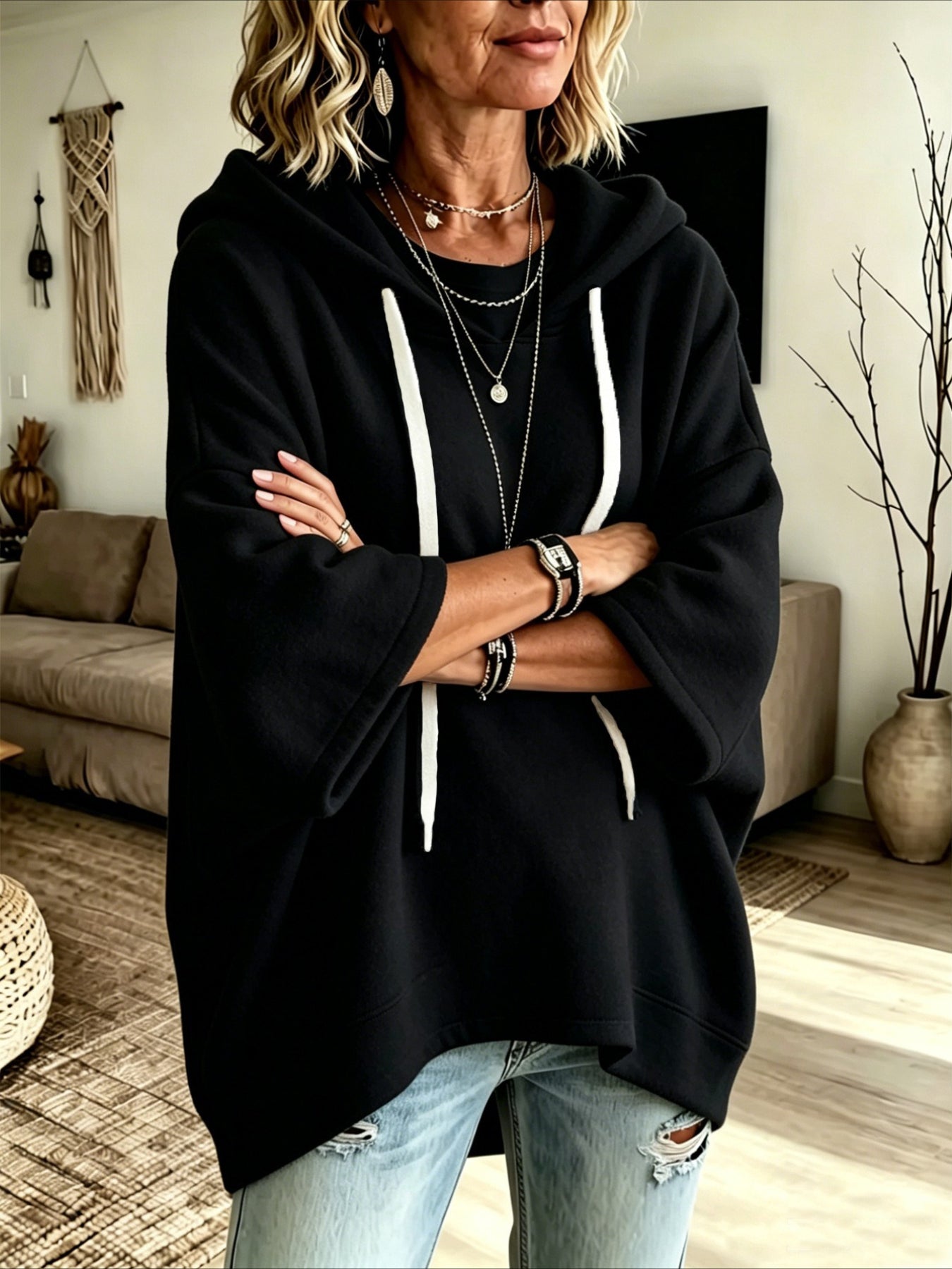 Loose 3/4 Sleeve Hooded Drawstring Bat-sleeved Sweatshirt
