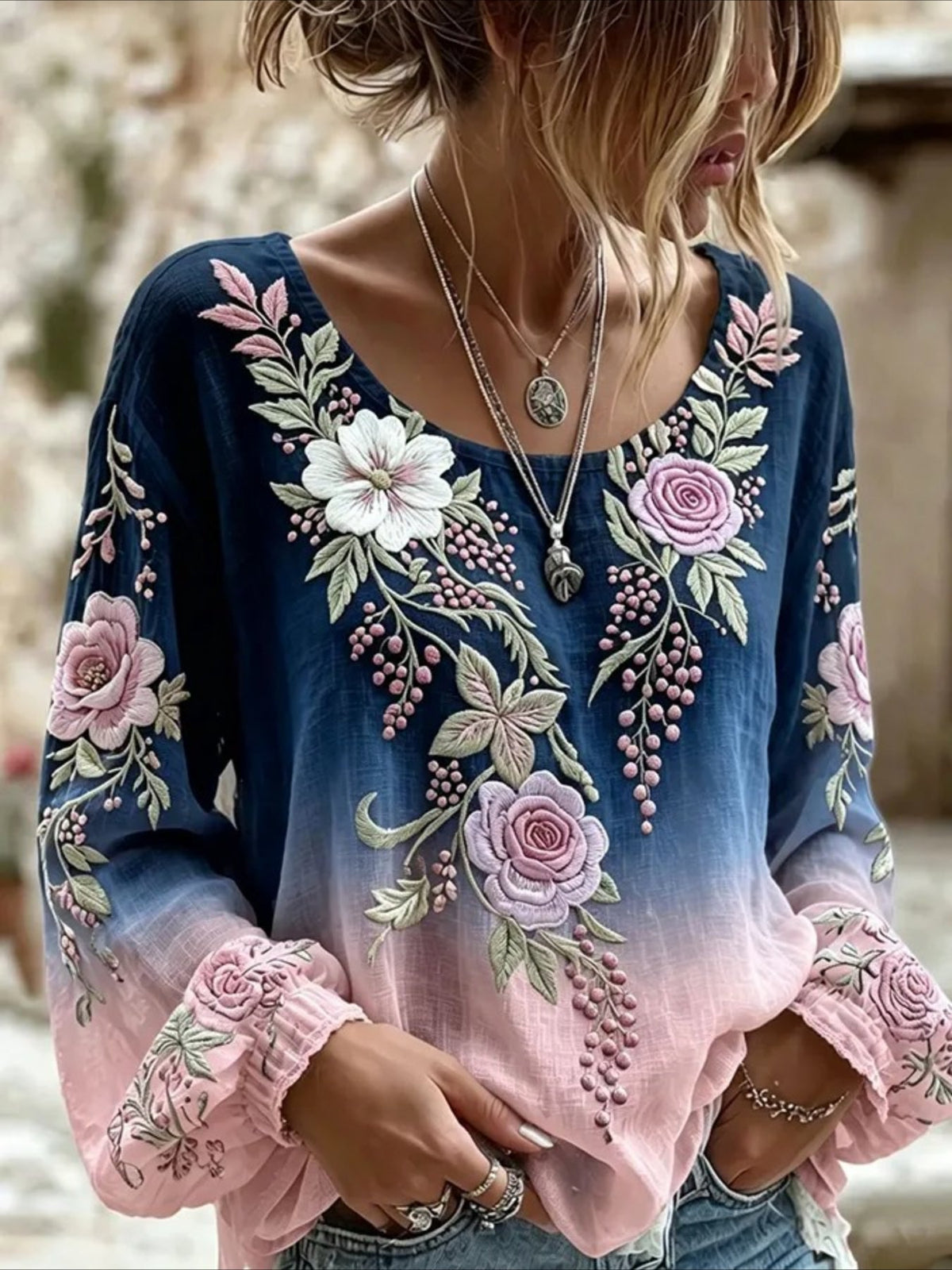 Daisy Floral Crew Neck Long Sleeve Blouse
