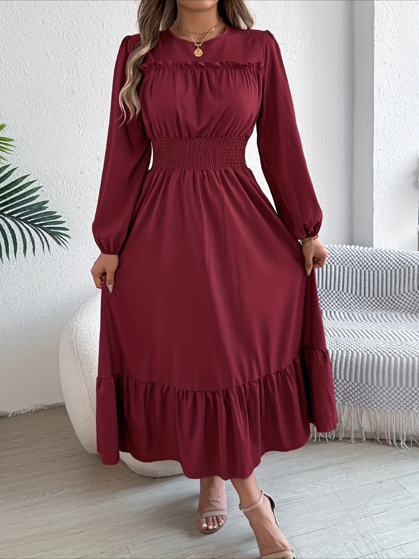 Elegant Long Sleeve Hem Round Neck Dress